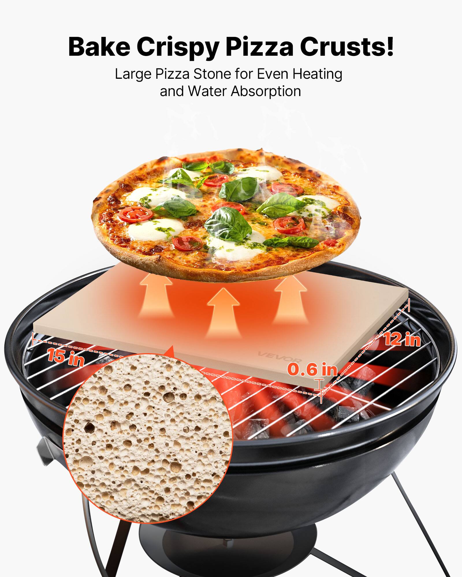 Bake Crispy Pizza Crusts!  
Large Pizza Stone for Even Heating and Water Absorption  

15 in  
12 in  
0.6 in