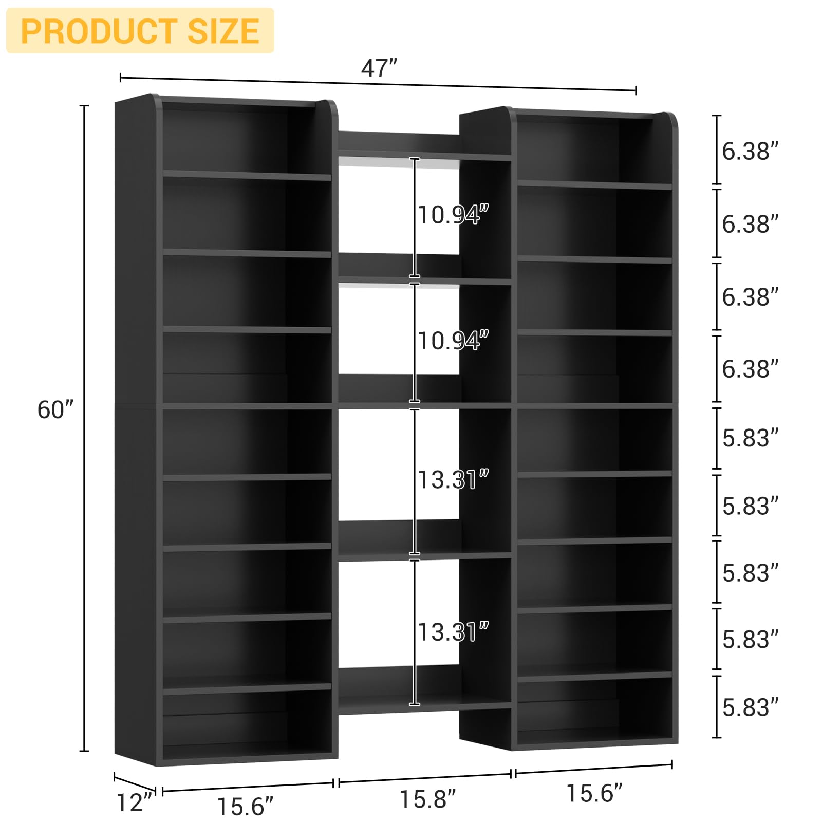 PRODUCT SIZE  
47" x 6.38" x 10.94" x 6.38" x 6.38" x 10.94" x 6.38" x 60" x 13.31" x 5.83" x 5.83" x 5.83" x 13.31" x 5.83" x 5.83" x 12" x 15.6" x 15.8" x 15.6"