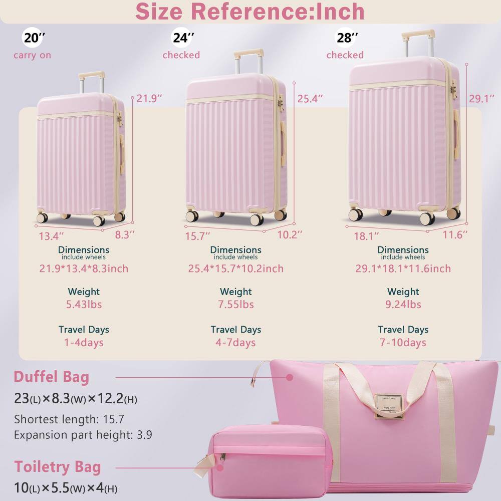 **Size Reference: Inch**

- **20" carry on**
  - Dimensions: 21.9" x 13.4" x 8.3" (include wheels)
  - Weight: 5.43lbs
  - Travel Days: 1-4 days

- **24" checked**
  - Dimensions: 25.4" x 15.7" x 10.2" (include wheels)
  - Weight: 7.55lbs
  - Travel Days: 4-7 days

- **28" checked**
  - Dimensions: 29.1" x 18.1" x 11.6" (include wheels)
  - Weight: 9.24lbs
  - Travel Days: 7-10 days

**Duffel Bag**
- Dimensions: 23(L) x 8.3(W) x 12.2(H)
- Shortest length: 15.7
- Expansion part height: 3.9

**Toiletry Bag**
- Dimensions: 10(L) x 5.5(W) x 4(H)