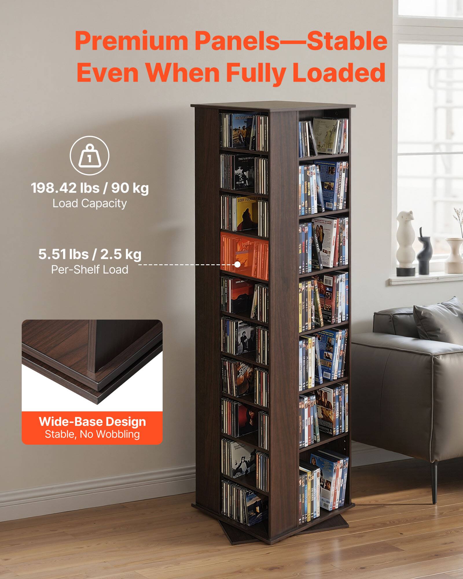 Premium Panels—Stable Even When Fully Loaded

198.42 lbs / 90 kg Load Capacity

5.51 lbs / 2.5 kg Per-Shelf Load

Wide-Base Design
Stable, No Wobbling