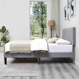 Vecelo - Full Bed Frame with Upholstered Headboard, Heavy Duty Wooden Bed Slats - Noiseless Platform Bed, No Box Spring Required - Gray
