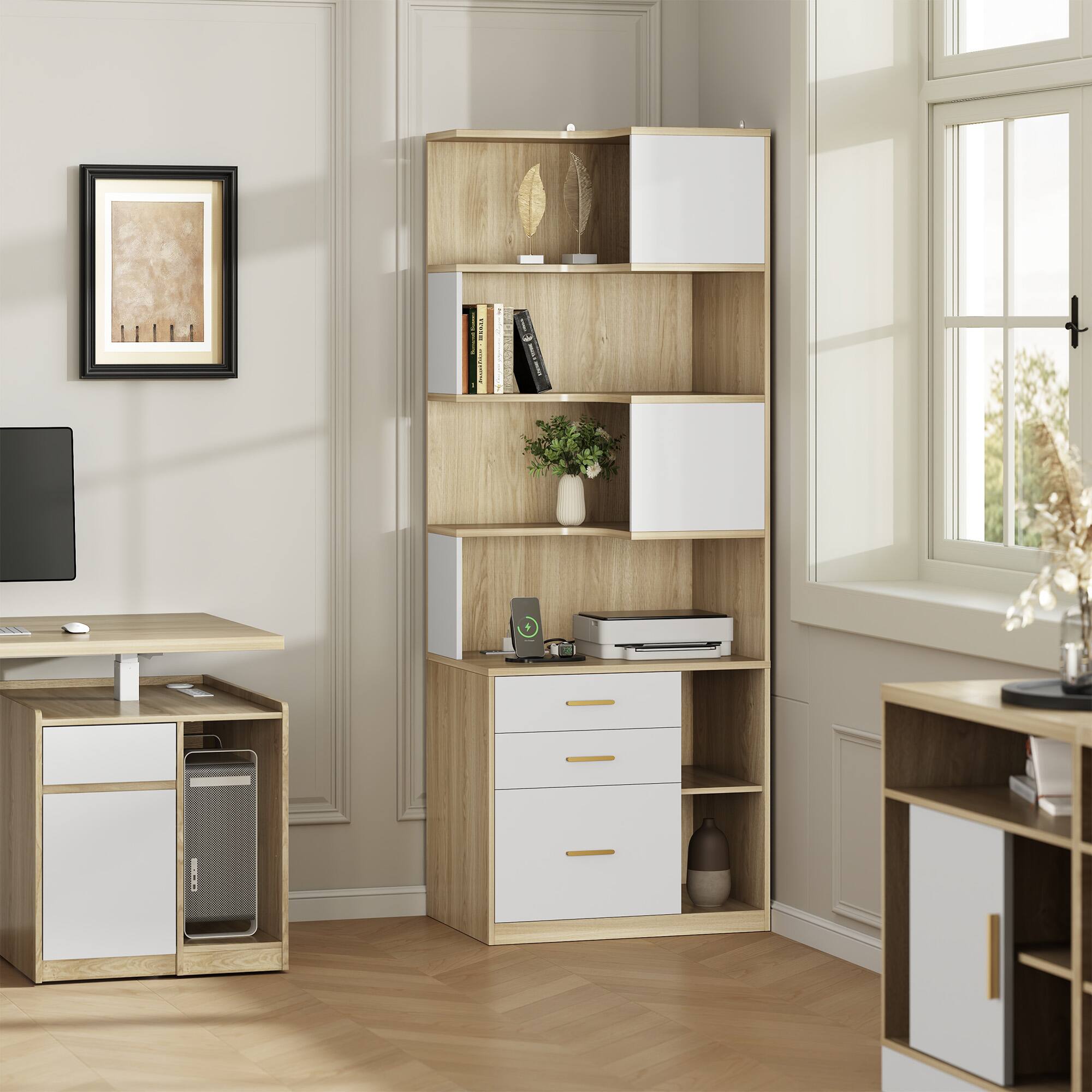Alt View 2. ModernMate - 74.4" Tall L-Shaped Bookcase with 3 Drawers, Corner Bookshelf with Storage, Charging Station, Light Walnut - Light Walnut.