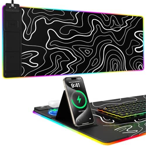 Earthley Blooms - Mouse Pad With Phone Holder Wireless Charging Desk Mat Rgb Gaming Mousepad Home Office Large Ultra-smooth - Topographic Black