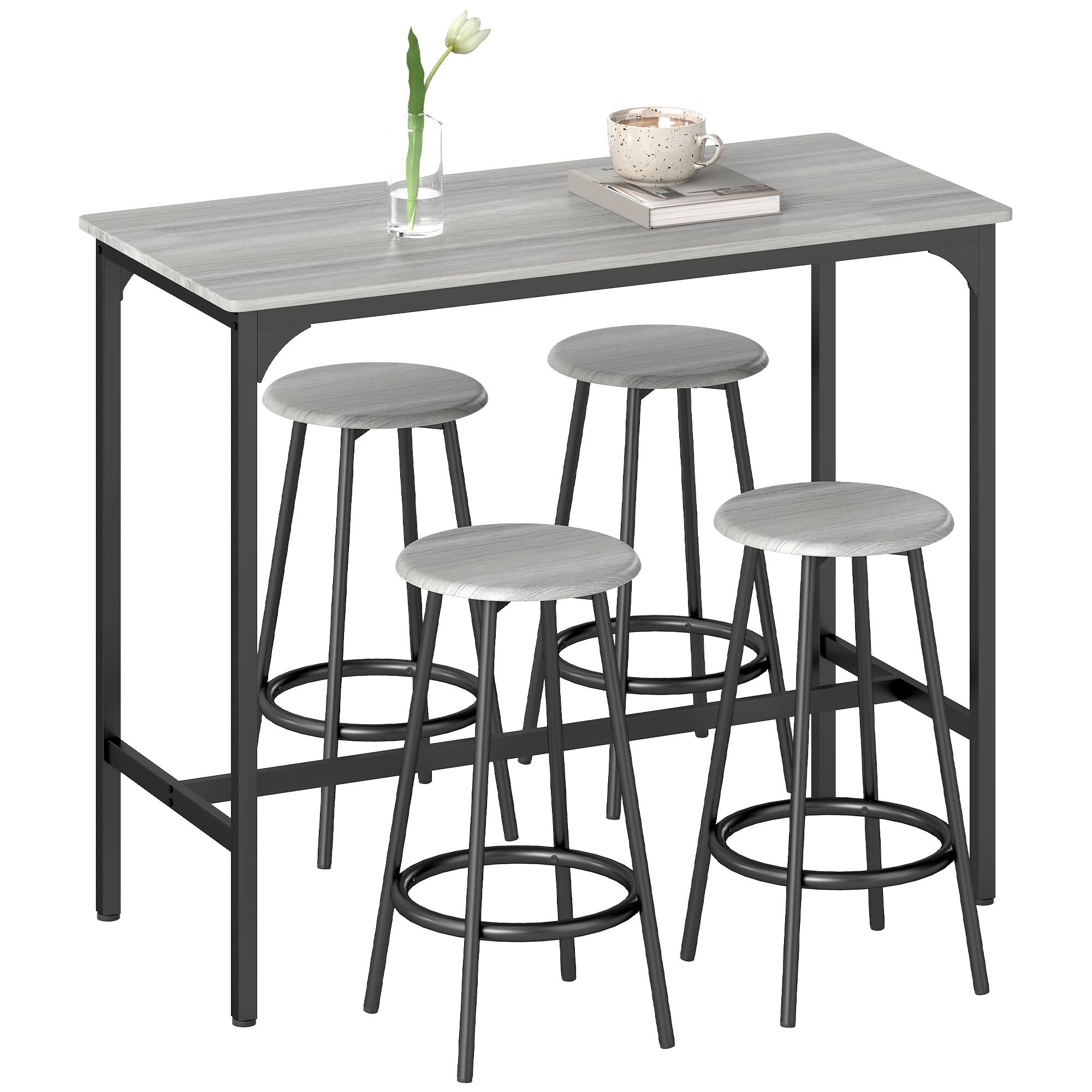 Front. Homcom - 5-Piece Counter Height Bar Table Set, Rustic 43.25" Dining Table with 4 Bar Stools, Dining Room - Gray.