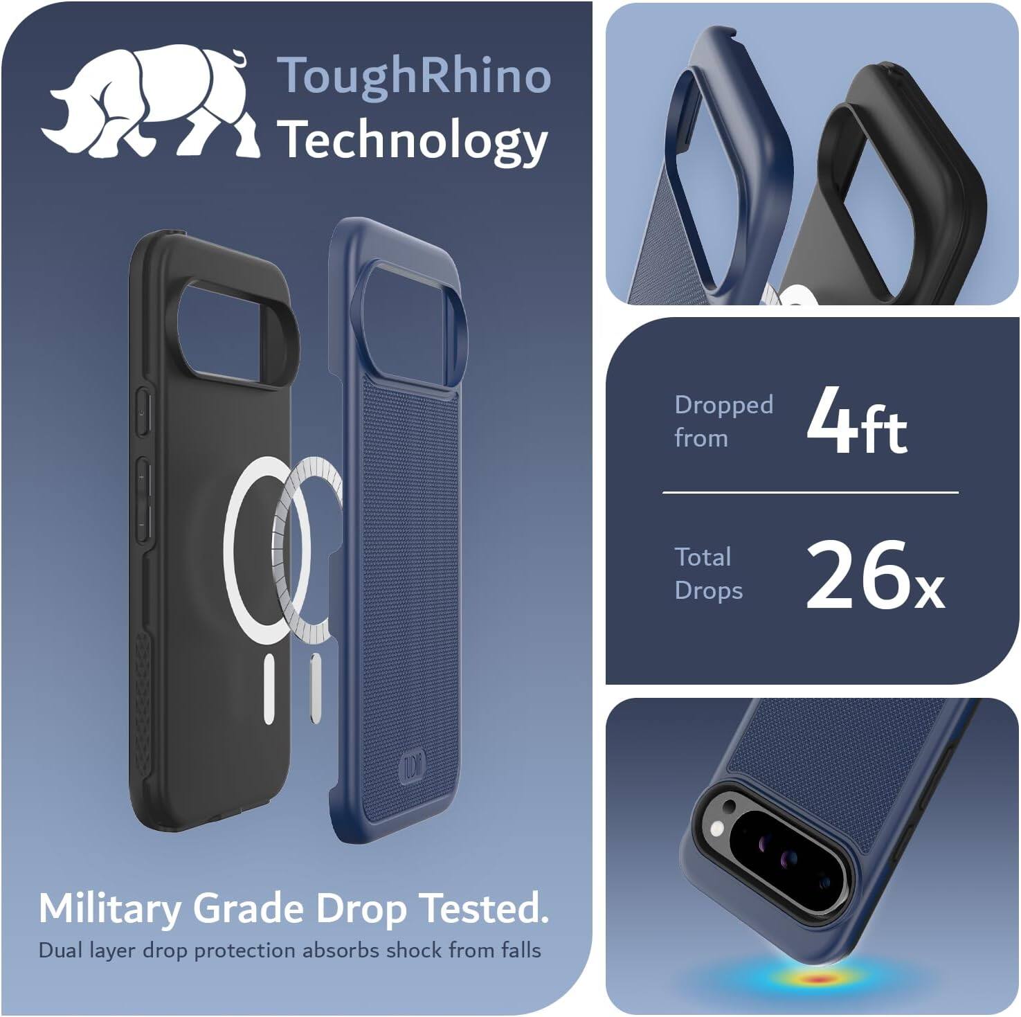 ToughRhino Technology

Military Grade Drop Tested.
Dual layer drop protection absorbs shock from falls.

Dropped from 4ft
Total Drops 26x