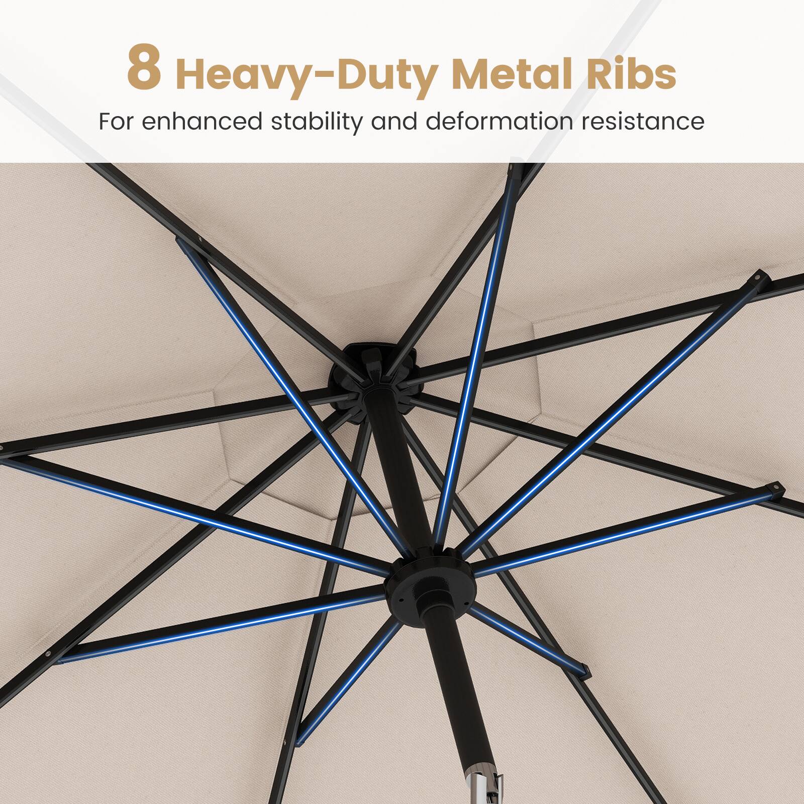 8 Heavy-Duty Metal Ribs  
For enhanced stability and deformation resistance