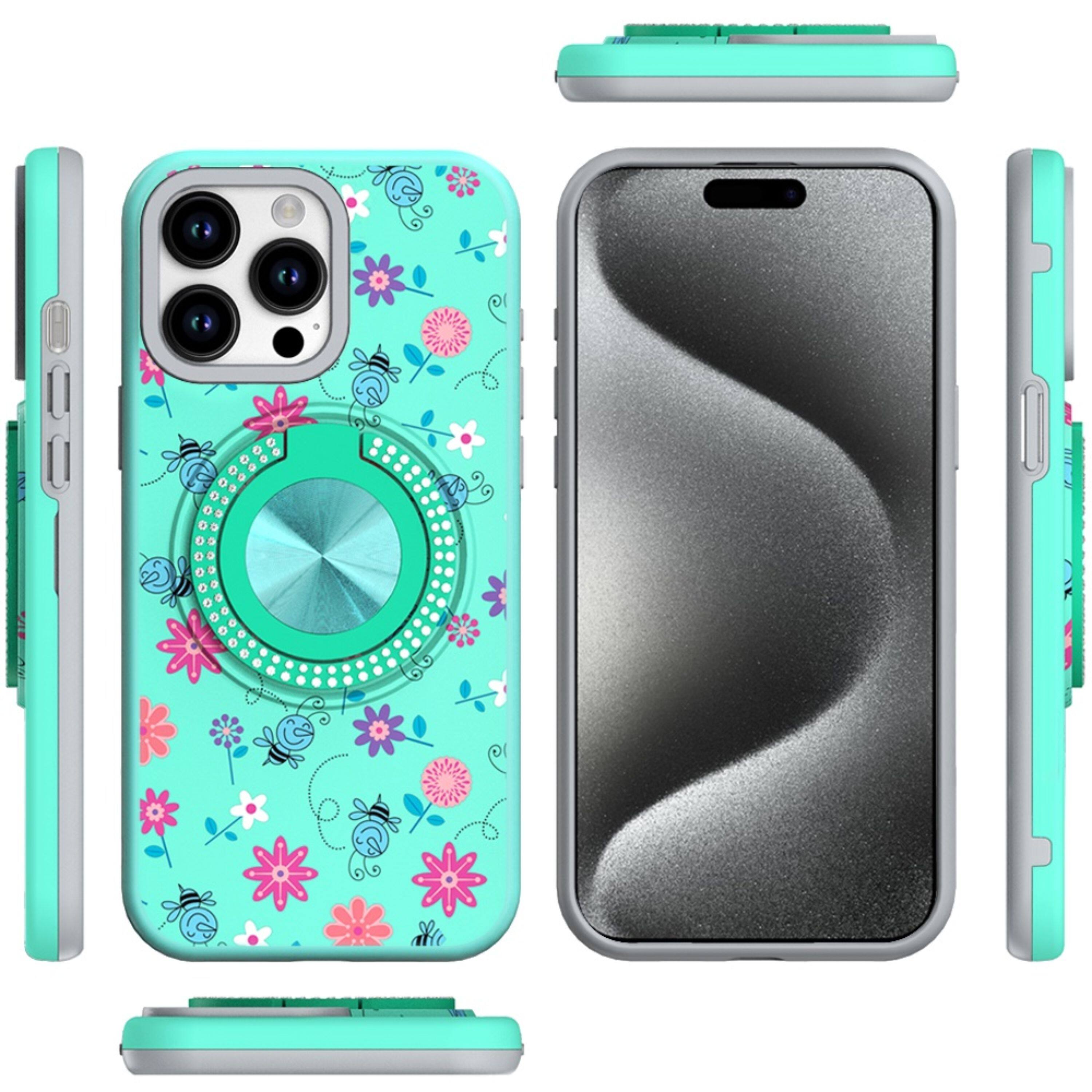 Angle. Kitcheniva - Printed Bling Stand Case With 2 Tempered Glass For iPhone 15 Pro Max 6 - Multicolor.