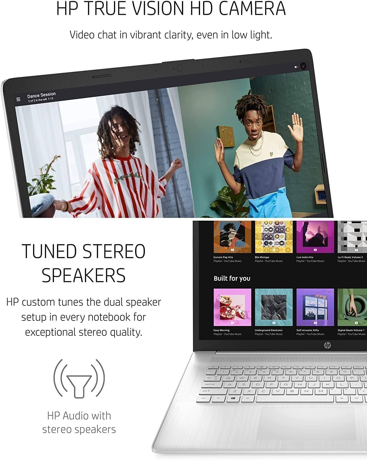 **HP TRUE VISION HD CAMERA**  
Video chat in vibrant clarity, even in low light.

**TUNED STEREO SPEAKERS**  
HP custom tunes the dual speaker setup in every notebook for exceptional stereo quality.

**HP Audio with stereo speakers**

**Built for you**  
- Current Pop Hits  
- 80s Mashup  
- Live India Hits  
- Lofi Beats Volume 2  
- Easy Morning  
- Underground Electronic  
- Soft Acoustic Hits  
- Digital Beats Volume 1