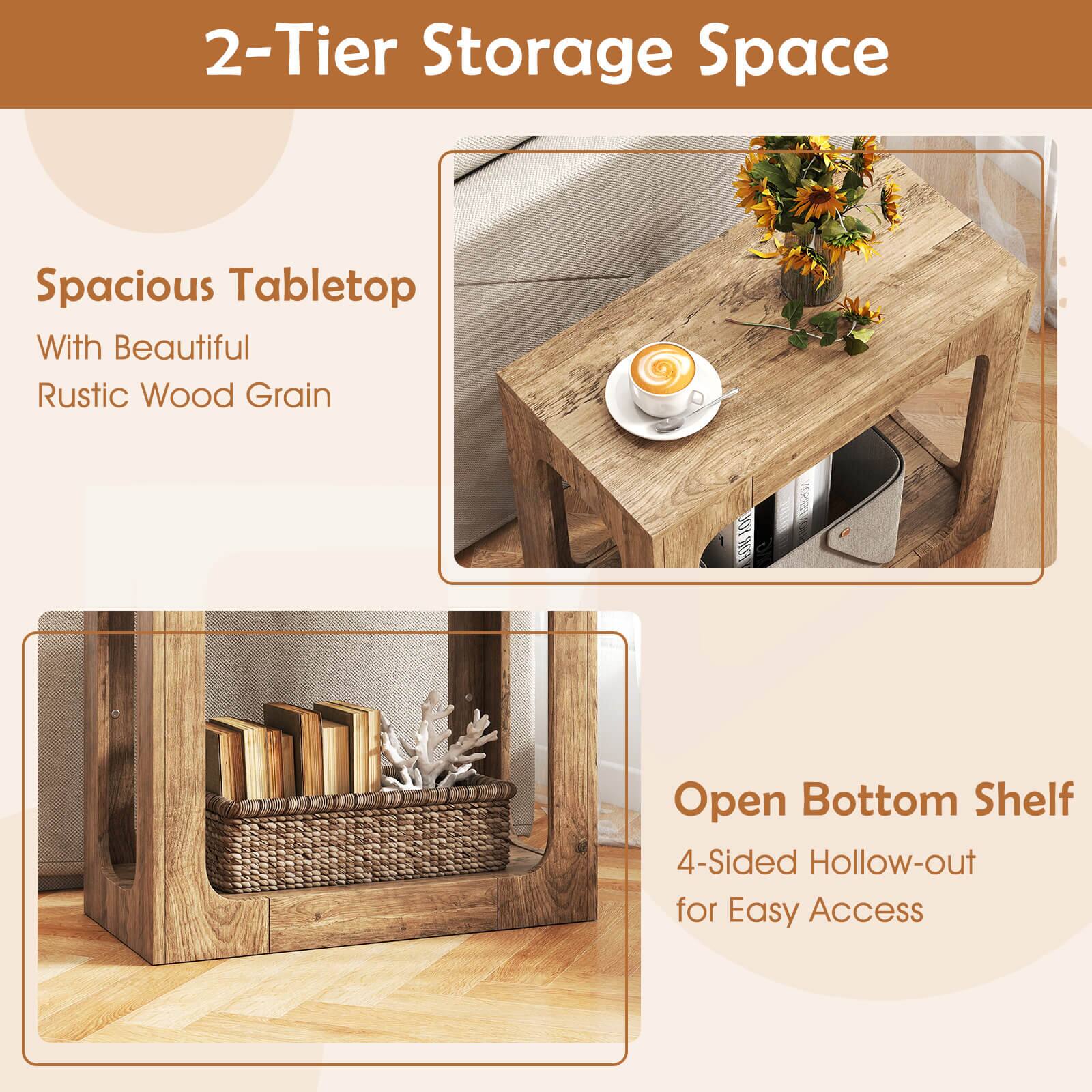 2-Tier Storage Space

Spacious Tabletop  
With Beautiful Rustic Wood Grain

Open Bottom Shelf  
4-Sided Hollow-out for Easy Access