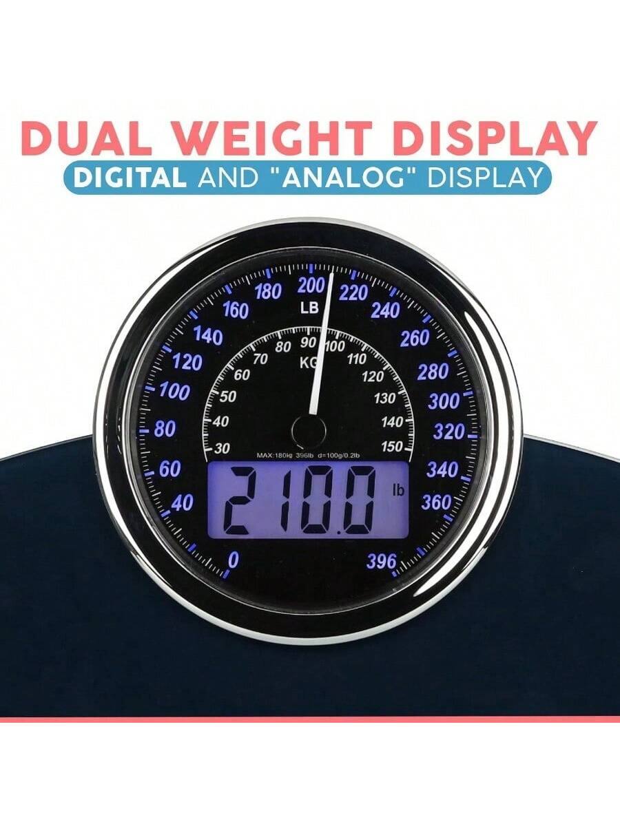 DUAL WEIGHT DISPLAY  
DIGITAL AND "ANALOG" DISPLAY  

180 200 220 160 LB 240 140 90 100 260 80 120 70 KG 110 60 120 280 100 50 130 300 40 140 80 320 30 150 MAX:180kg 396i d=100g/0 20b 60 340 lb 40 2 100 360 0 396
