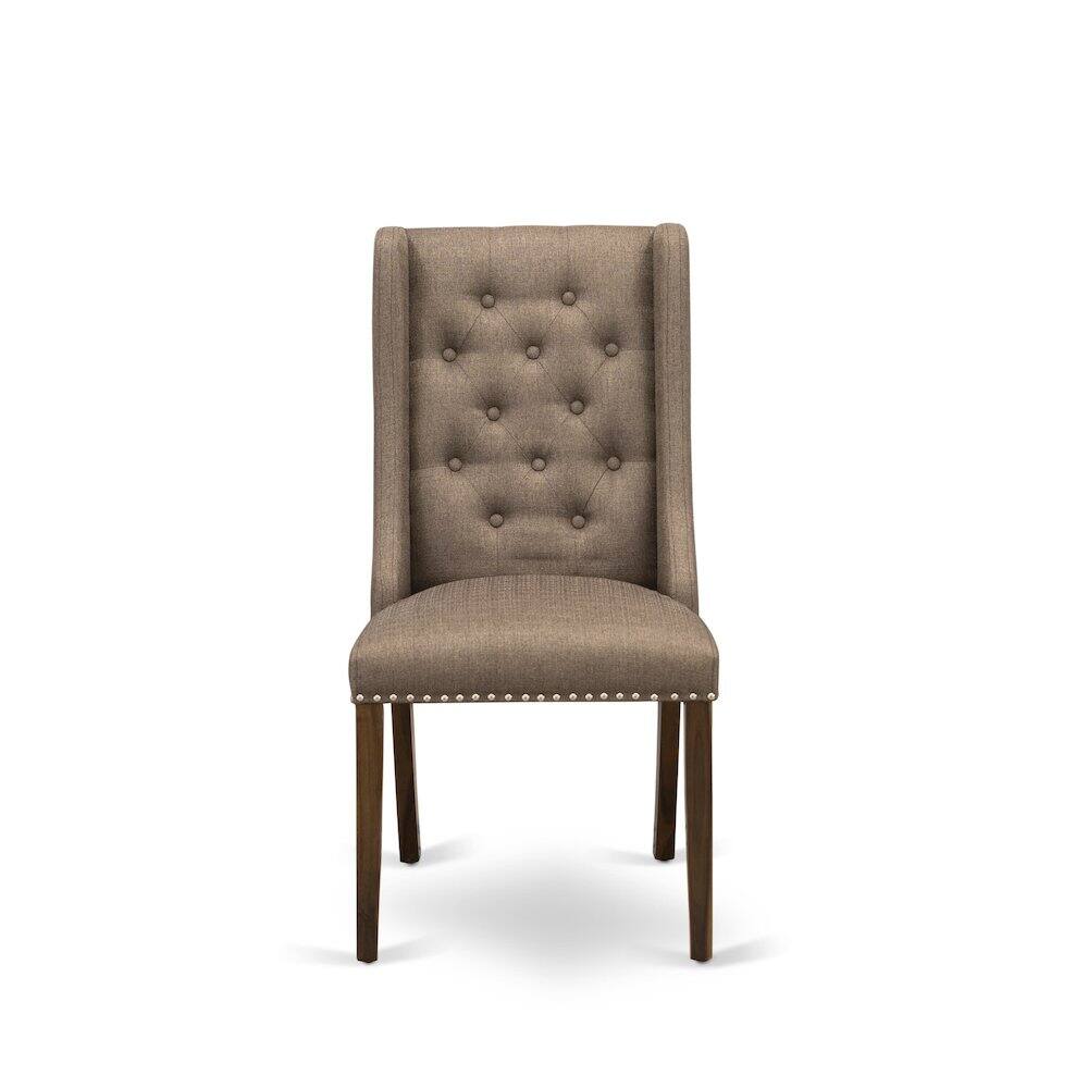 Alt View 3. East West Furniture - Brown Linen Fabric Parson Dining Chairs and Button Tufted Back with Antique Walnut Rubber Wood Legs - Set of 2 - Brown.