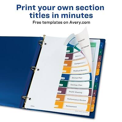 Print your own section titles in minutes  
Free templates on Avery.com  

Introduction  
Overview  
Policies  
Compensation  
Medical Benefits  
Dental Plan  
Savings Plan  
Profit Sharing  
Performance Review  
Retirement