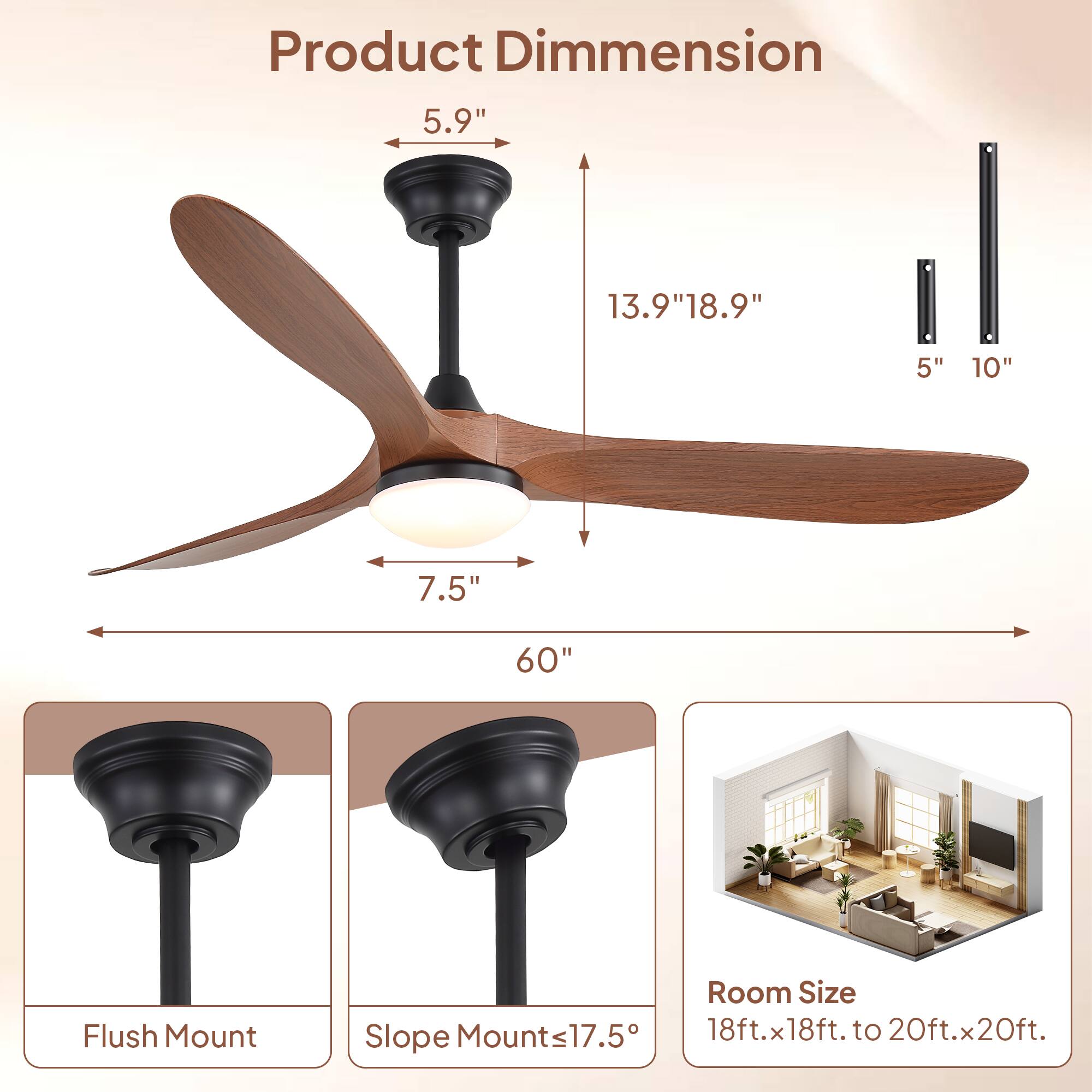 Product Dimension  
5.9" 13.9" 18.9" 5" 10" 7.5" 60"  
Flush Mount  
Slope Mounts ≤17.5°  
Room Size: 18ft. x 18ft. to 20ft. x 20ft.