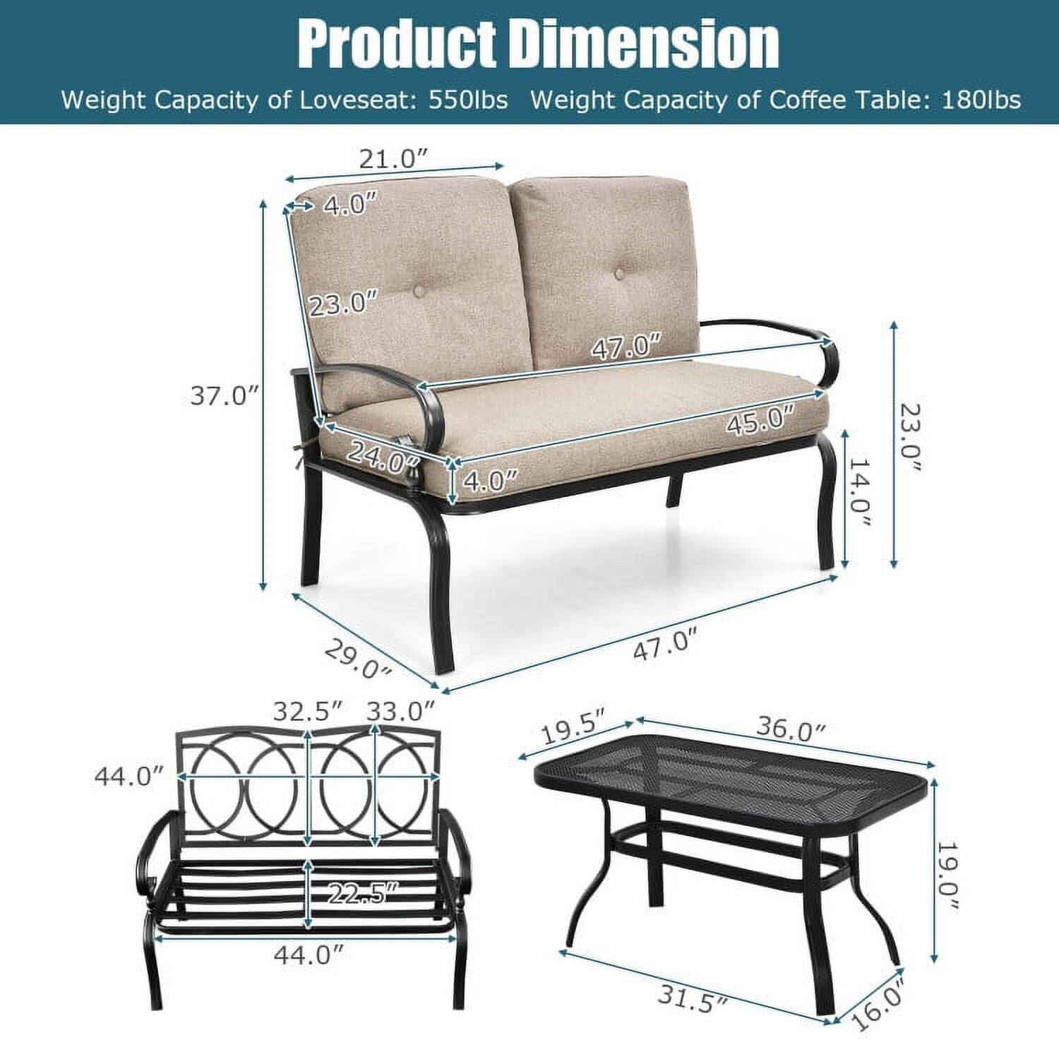 Product Dimension  
Weight Capacity of Loveseat: 550lbs  
Weight Capacity of Coffee Table: 180lbs  

- Loveseat:  
  - Height: 4.0"  
  - Width: 47.0"  
  - Depth: 45.0"  
  - Seat Height: 14.0"  
  - Seat Depth: 23.0"  
  - Arm Height: 21.0"  
  - Arm Depth: 24.0"  
  - Back Height: 37.0"  
  - Back Width: 23.0"  

- Coffee Table:  
  - Height: 19.5"  
  - Width: 36.0"  
  - Depth: 31.5"  
  - Leg Width: 16.0"  

- Bench:  
  - Height: 44.0"  
  - Width: 44.0"  
  - Seat Height: 22.5"  
  - Seat Depth: 32.5"  
  - Back Height: 33.0"