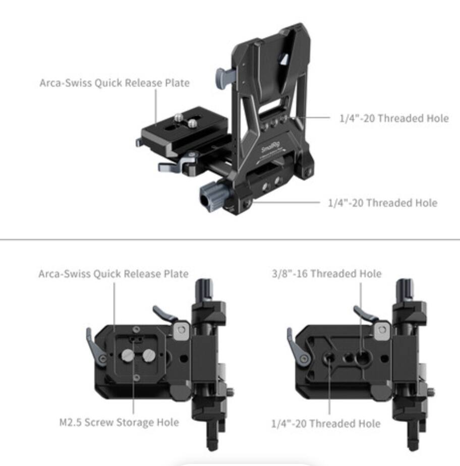 Arca-Swiss Quick Release Plate  
1/4"-20 Threaded Hole  
1/4"-20 Threaded Hole  
3/8"-16 Threaded Hole  
M2.5 Screw Storage Hole  
1/4"-20 Threaded Hole