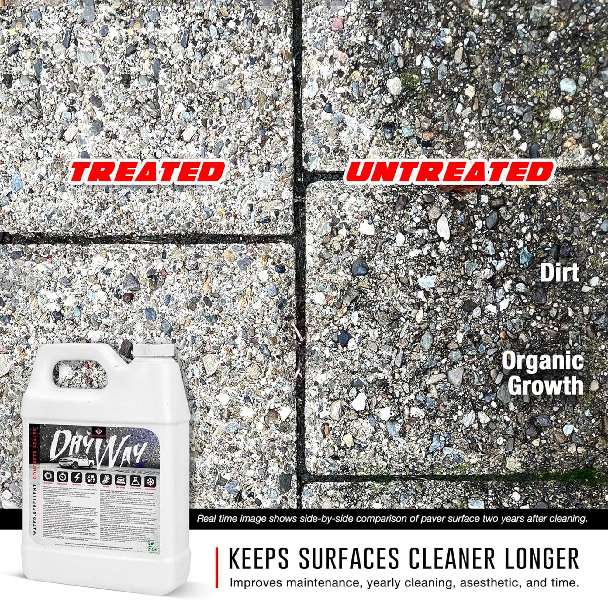 Treated  
Untreated  
Dirt  
Organic Growth  

Real time image shows side-by-side comparison of paver surface two years after cleaning.  

KEEPS SURFACES CLEANER LONGER  
Improves maintenance, yearly cleaning, aesthetic, and time.
