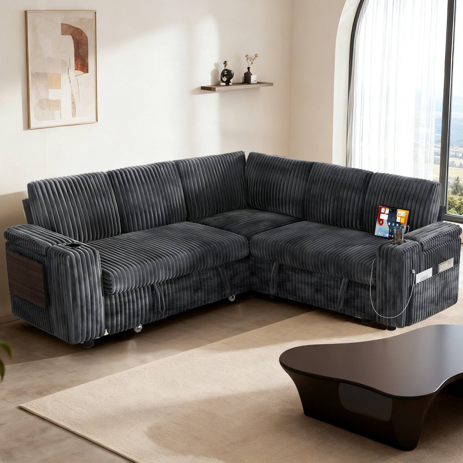 Angle. Dyonery - Dyonery 85" Modular Sectional Sleeper Sofa with Pull Out Bed, 5 Seat L Shaped with Reclining Backrest,Corduroy Gray - Beige.