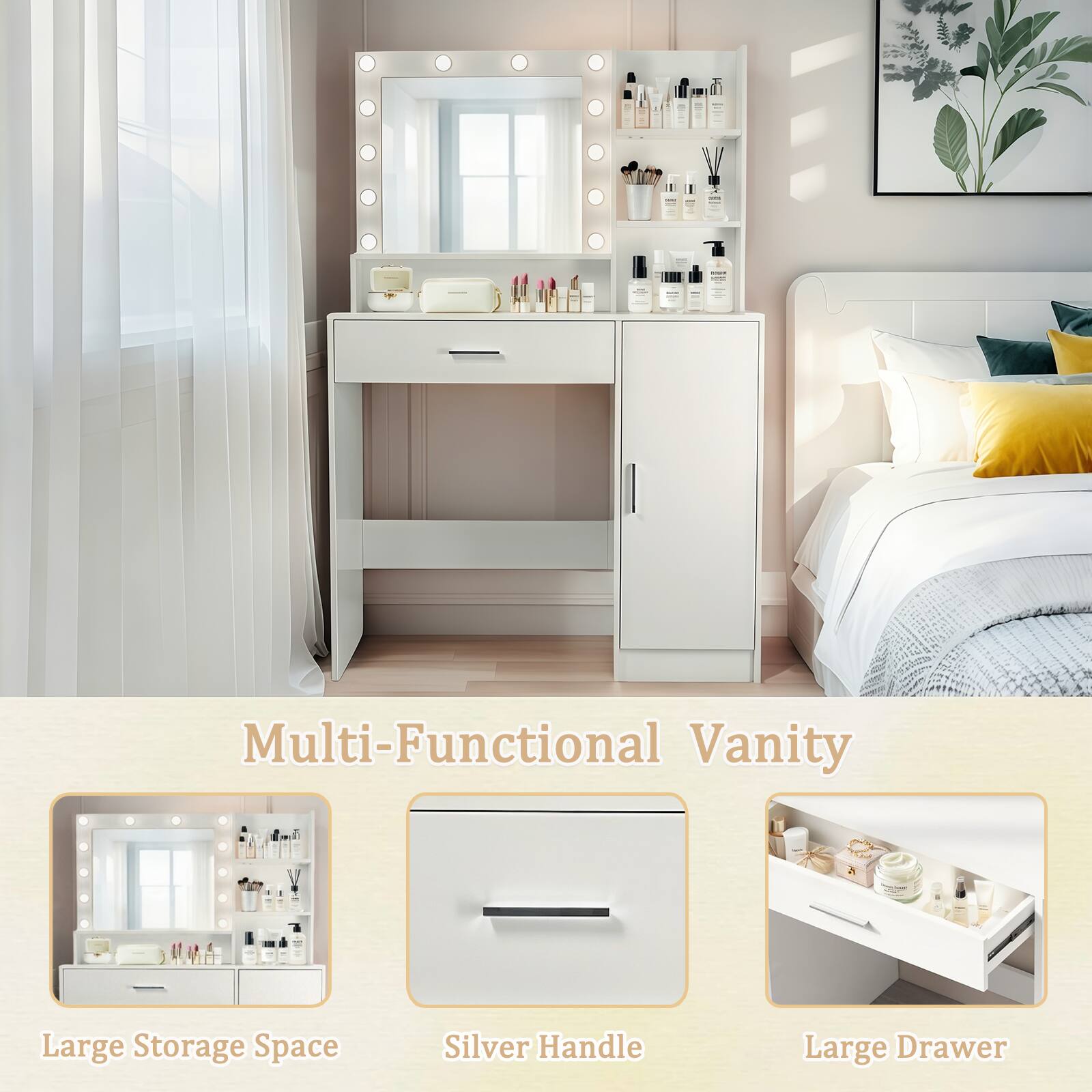 Multi-Functional Vanity

- Large Storage Space
- Silver Handle
- Large Drawer