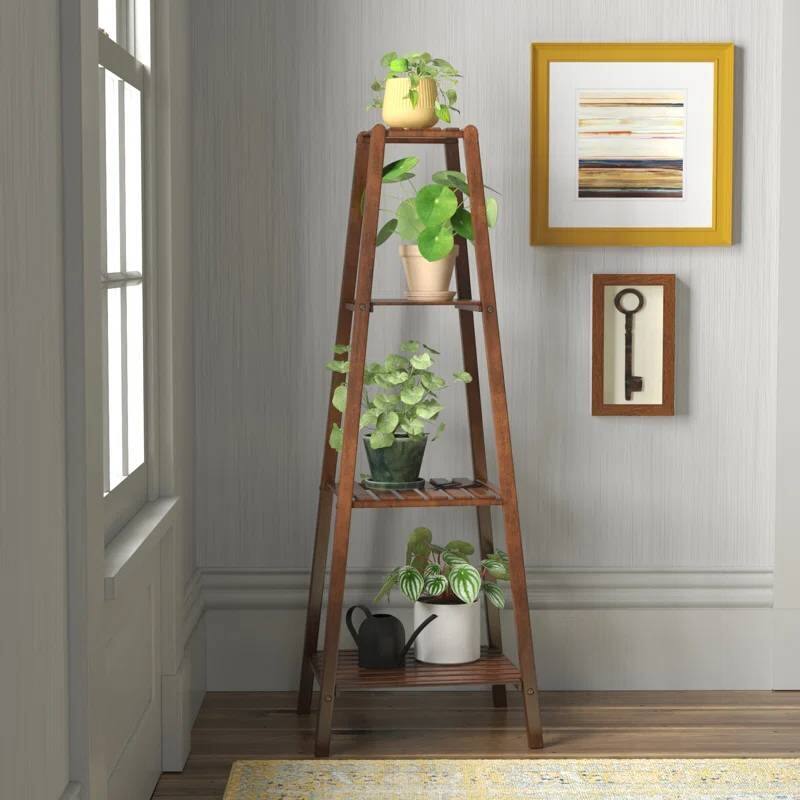 Angle. SlickBlue - Modern Boho Wooden Pyramidal 4-Tier Plant Display Stand - Brown.