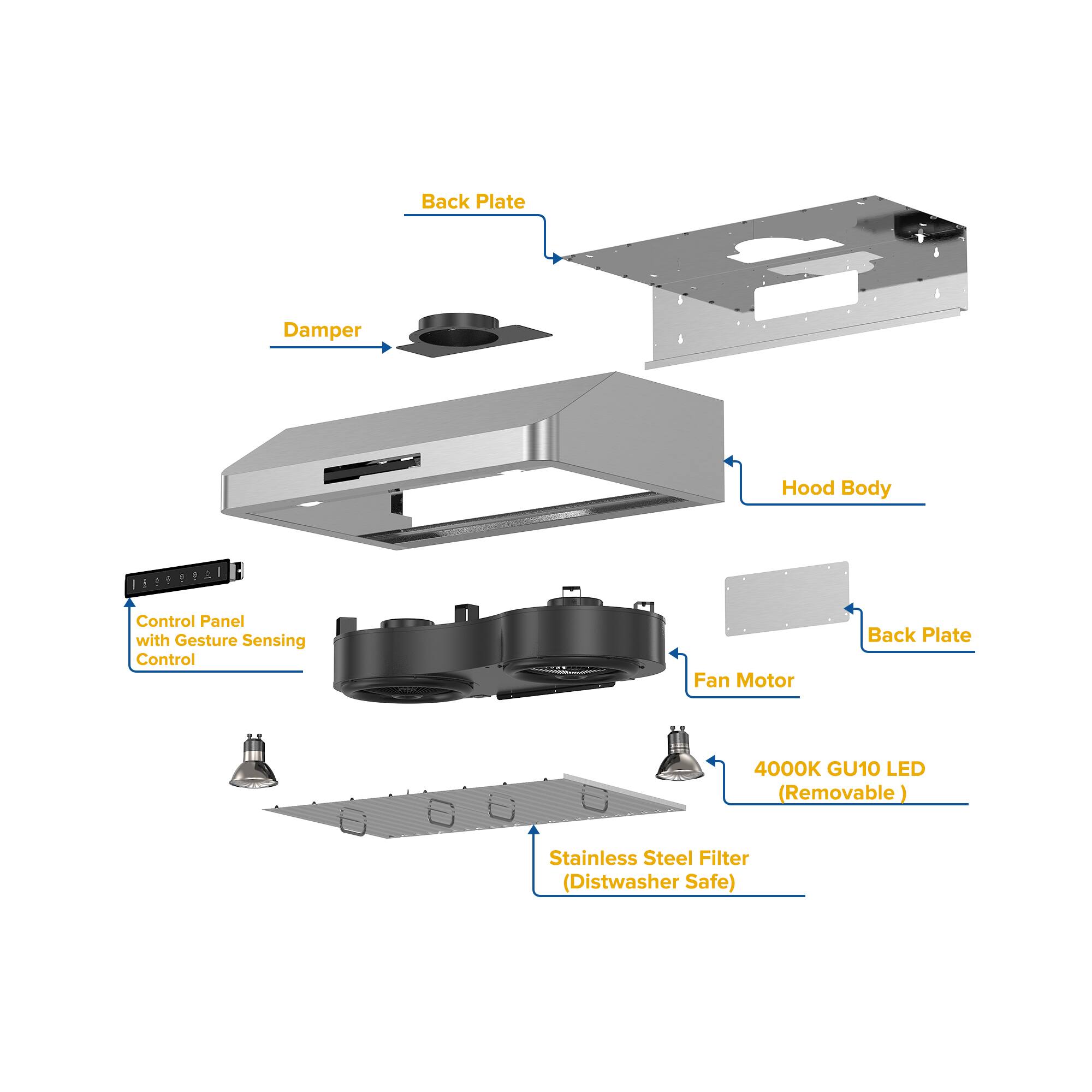 Back Plate, Damper, Hood Body, Control Panel with Gesture Sensing Control, Fan Motor, Back Plate, 4000K GU10 LED (Removable), Stainless Steel Filter (Distwasher Safe)