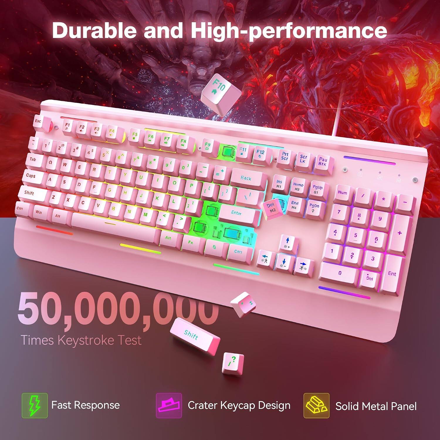 Durable and High-performance

F10

Esc F1 F2 S F3 F4 F5 F6 / 1 8 2 9 3 4 X 5 A Tab 5 & 7 a 8 W E fl T Caps Y U A I S D F G Shift H Z J X K  V Ctrl 8 Wn  An M

F7 F8  I 9 ] 0 0 P L  > Alt Fn

F9  I I

F11 F12 9 Prt Scr Scr Lx Pau BIK = Back Ins MI Home Pgup ]  1 G1 Num / Del End MA PgDn Enter M2 2 7 8 F F 4, 5 + Ctrl 1 2

9 6 3

- +

50,000,000 Times Keystroke Test Shift ?

0

Dol

Ent

Fast Response

Crater Keycap Design

Solid Metal Panel