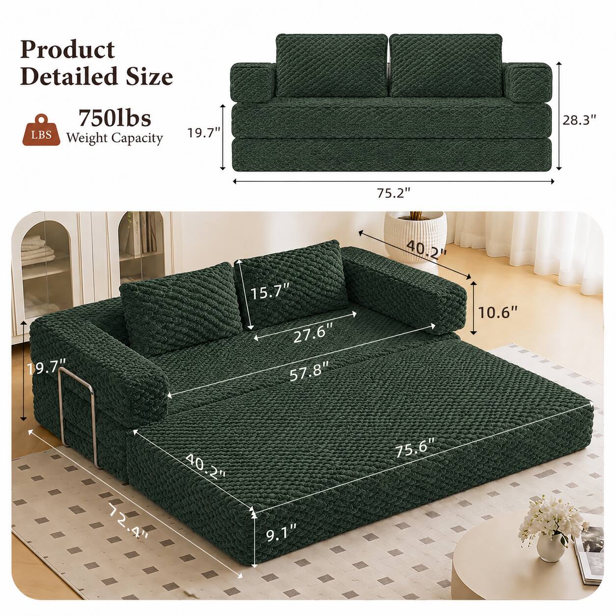Product Detailed Size

750lbs LBS Weight Capacity

19.7"  
28.3"  
75.2"  
15.7"  
27.6"  
57.8"  
40.2"  
10.6"  
40.2"  
72.4"  
9.1"  
75.6"
