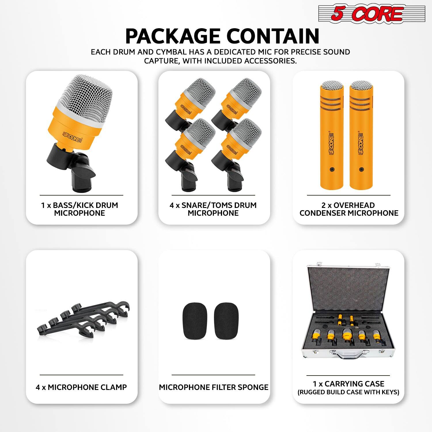 5 CORE PACKAGE CONTAIN EACH DRUM AND CYMBAL HAS A DEDICATED MIC FOR PRECISE SOUND CAPTURE, WITH INCLUDED ACCESSORIES.

- 1 x BASS/KICK DRUM MICROPHONE
- 4 x SNARE/TOMS DRUM MICROPHONE
- 2 x OVERHEAD CONDENSER MICROPHONE
- 4 x MICROPHONE CLAMP
- MICROPHONE FILTER SPONGE
- 1 x CARRYING CASE (RUGGED BUILD CASE WITH KEYS)