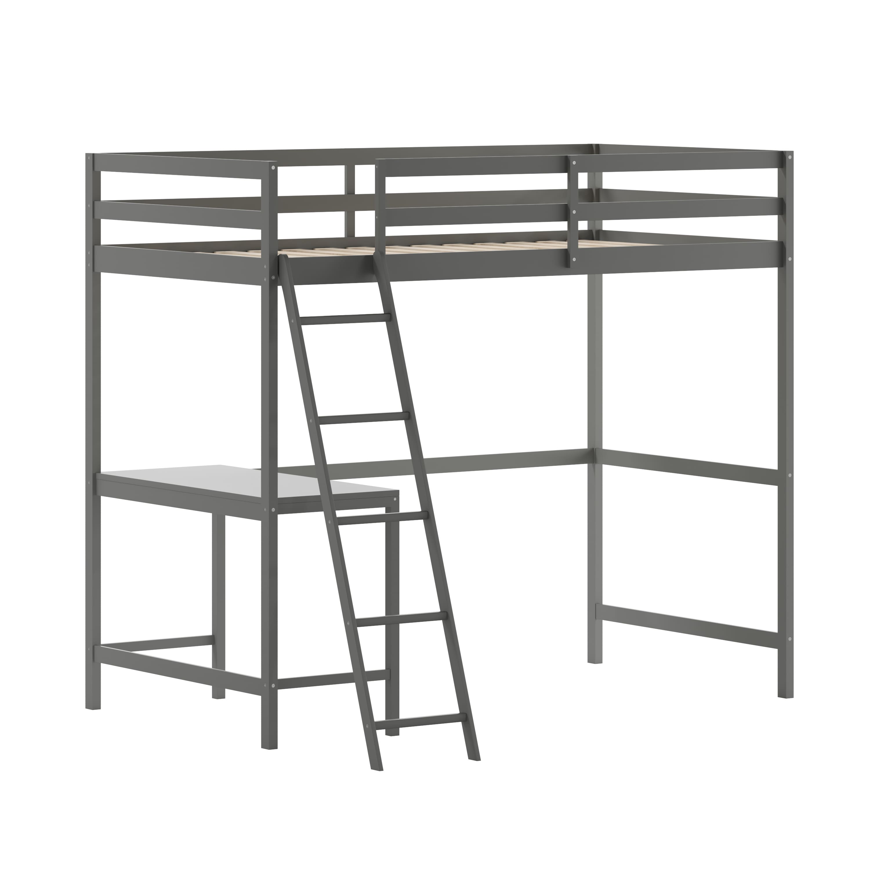 Flash Furniture - Riley Loft Bed Frame with Desk, Twin Size Wooden Bed Frame with Protective Guard Rails & Ladder for Kids and Teens - Lig - Gray