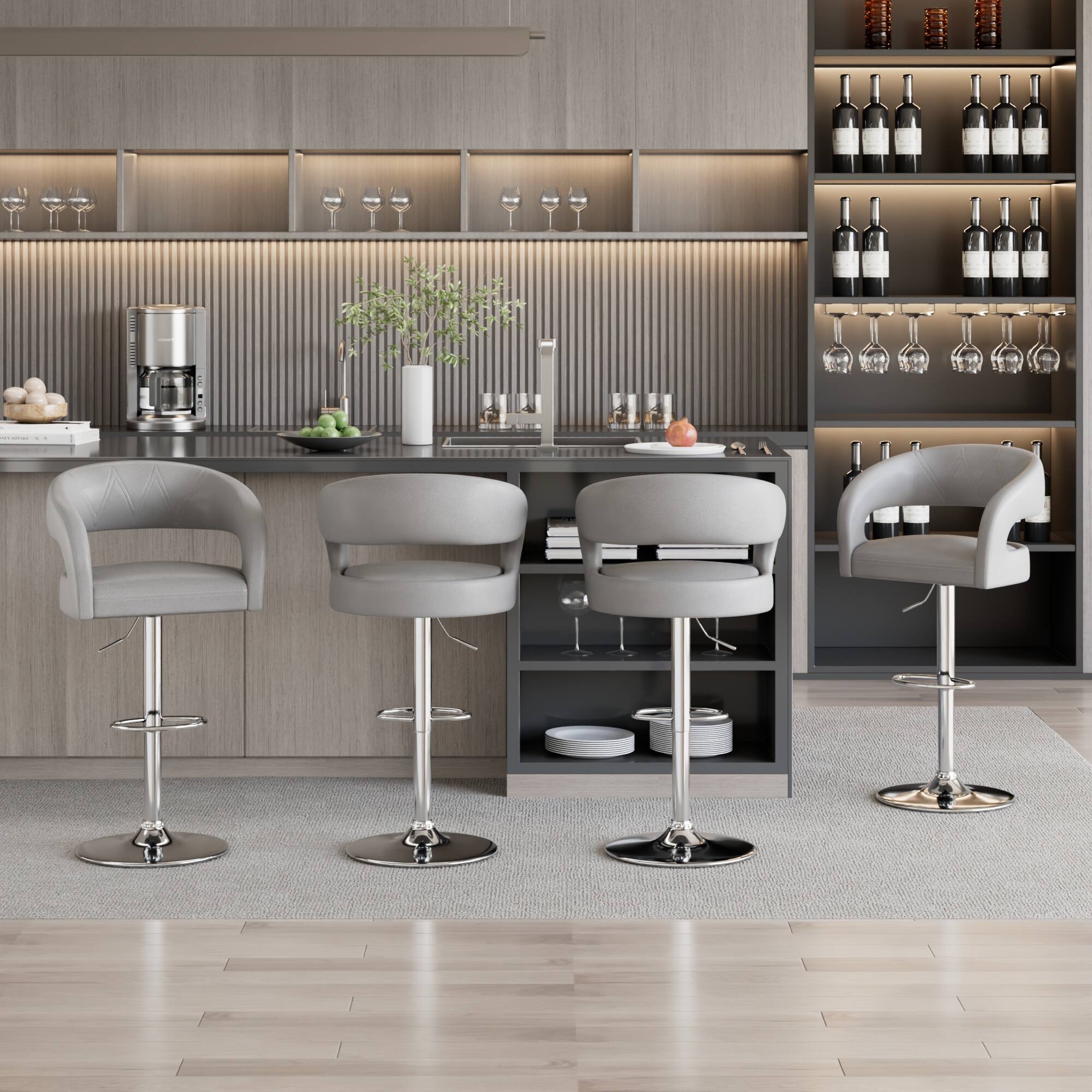 Alt View 1. Vecelo - Set of 2 PU Leather  Bar Stools with Adjustable Height ,360° Rotation, 330lb Capacity for Kitchen Island & Cafe - Light Grey.