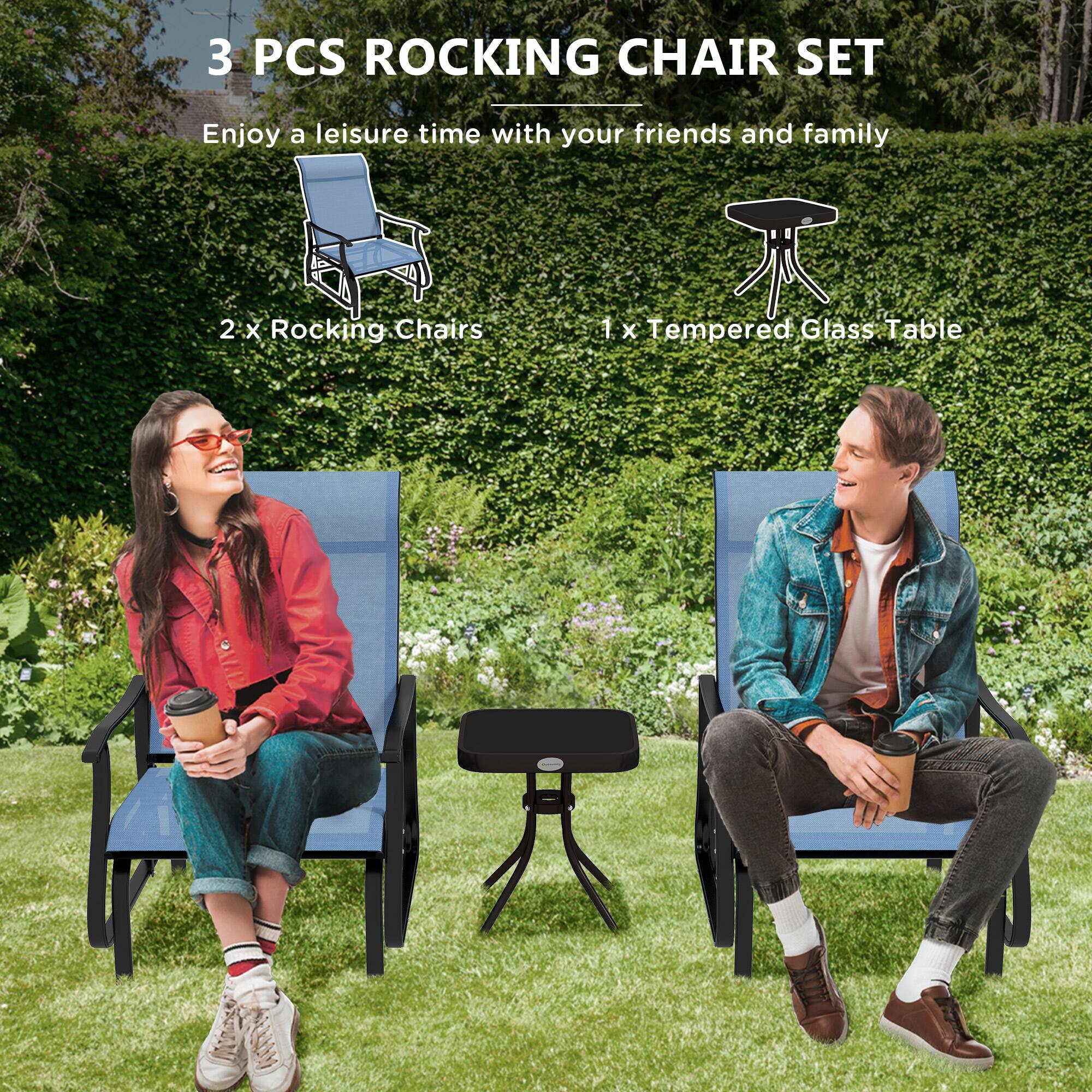 3 PCS ROCKING CHAIR SET
Enjoy a leisure time with your friends and family
2 x Rocking Chairs
1 x Tempered Glass Table