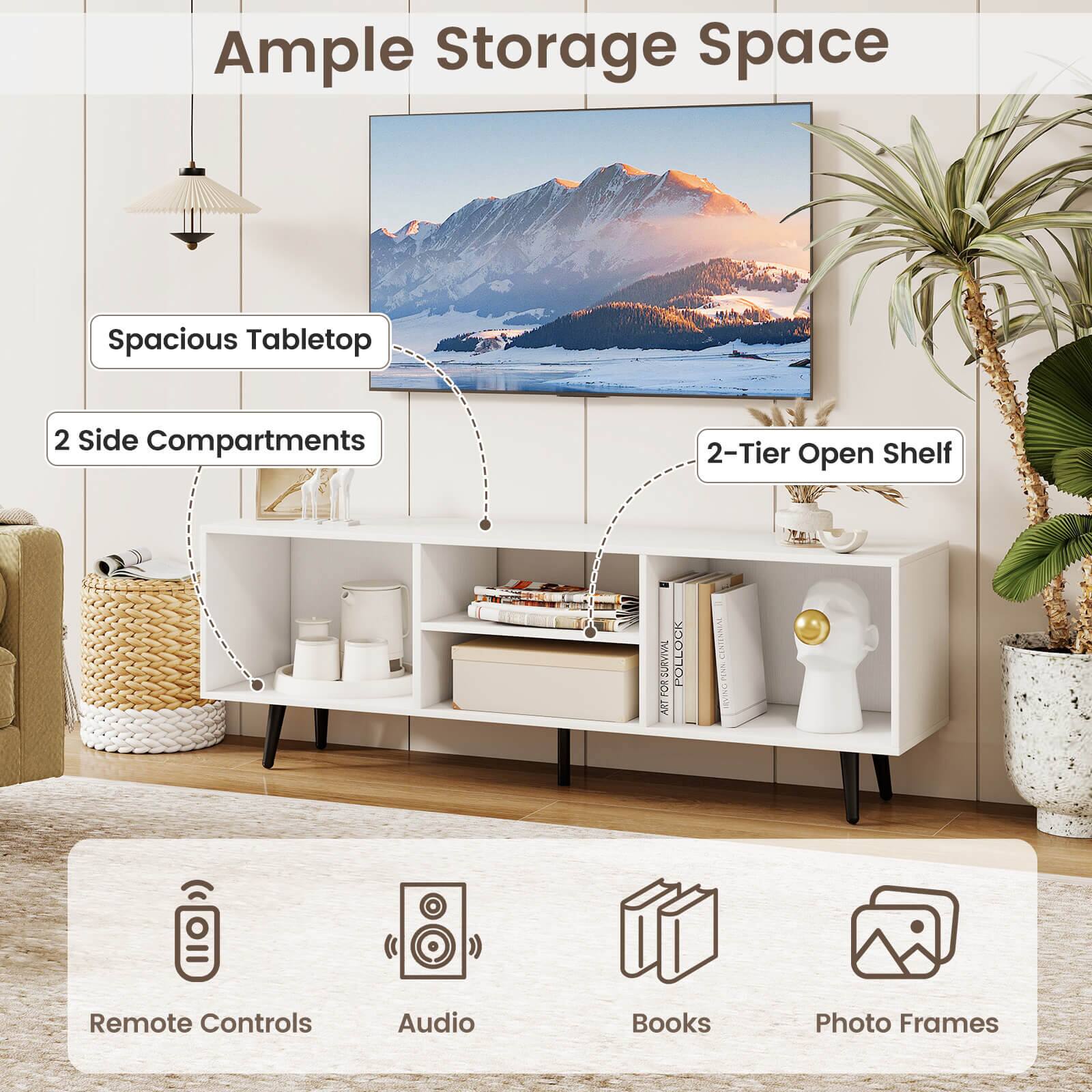 Ample Storage Space, Spacious Tabletop, 2 Side Compartments, 2-Tier Open Shelf, Remote Controls, Audio, Books, Photo Frames
