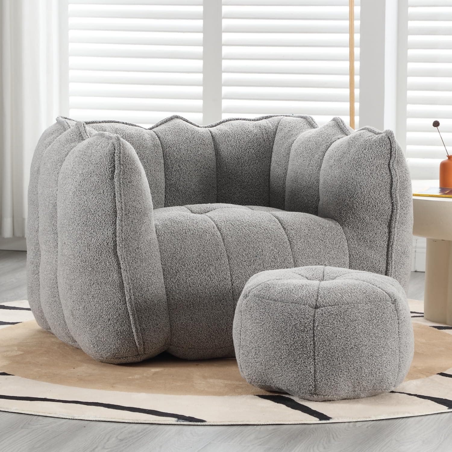 Trinkets Crazed - Chenille Giant Bean Bag Sleeper Chair with Ottoman, Adults and Kids Lazy Floor Sofa Couch - Gray
