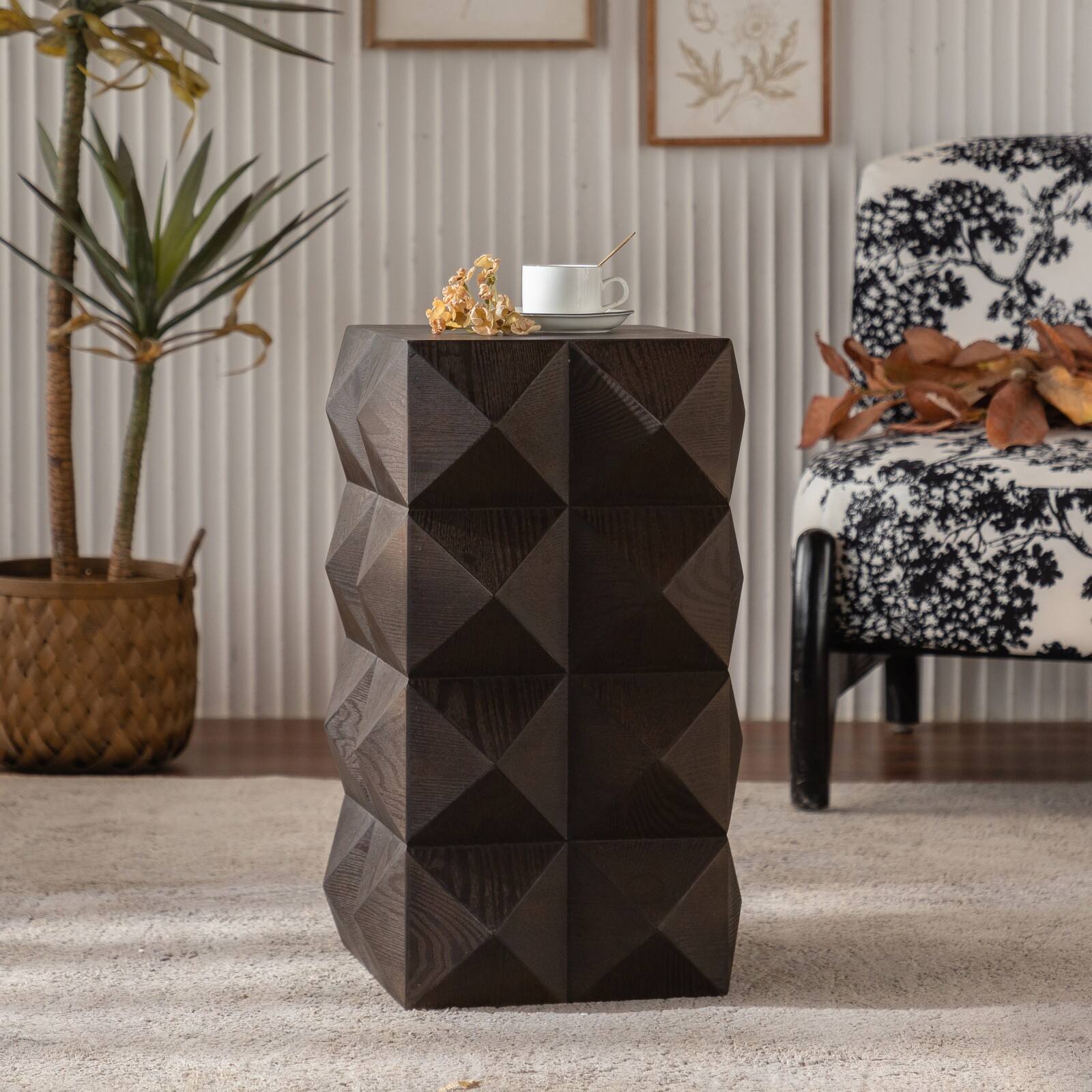 Alt View 5. Ecooso - 23.62"Height Three-dimensional Embossed Pattern Design Retro Side Table Retro Wooden Nightstand - Brown.