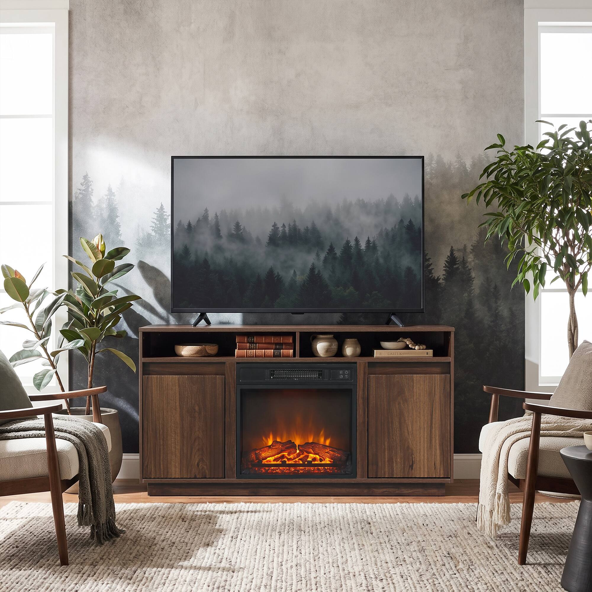 Angle. Ihomeadore - 47"  Modern Minimalist Fluted Corner TV Stand Media Console with 18" Electric Fireplace for TVs up to 55" - Dark Walnut.
