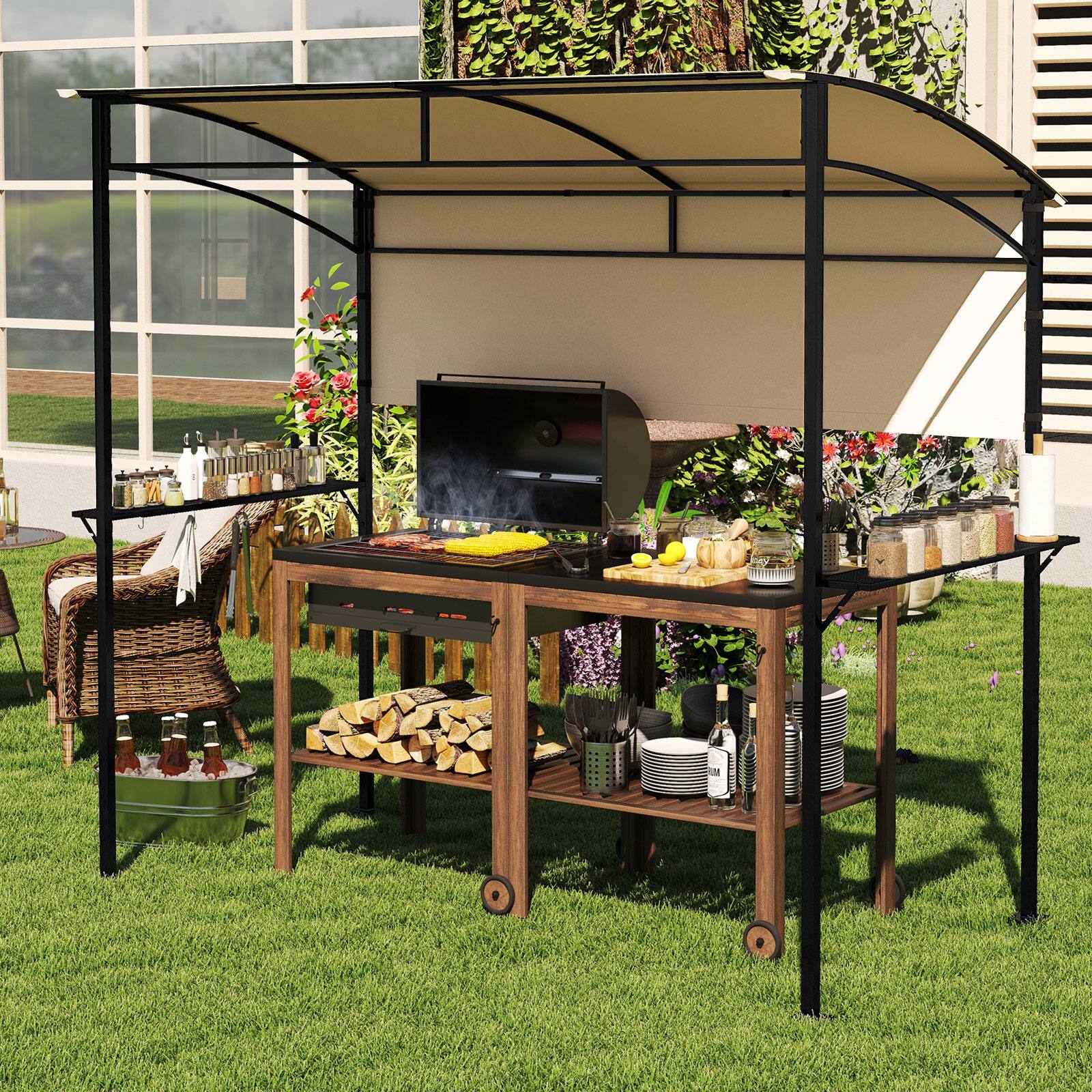 Alt View 3. Gymax - Gymax 7.8 x 4.4 FT Grill Gazebo Outdoor Patio BBQ Canopy w/ Metal Shelves for Backyard - Beige.