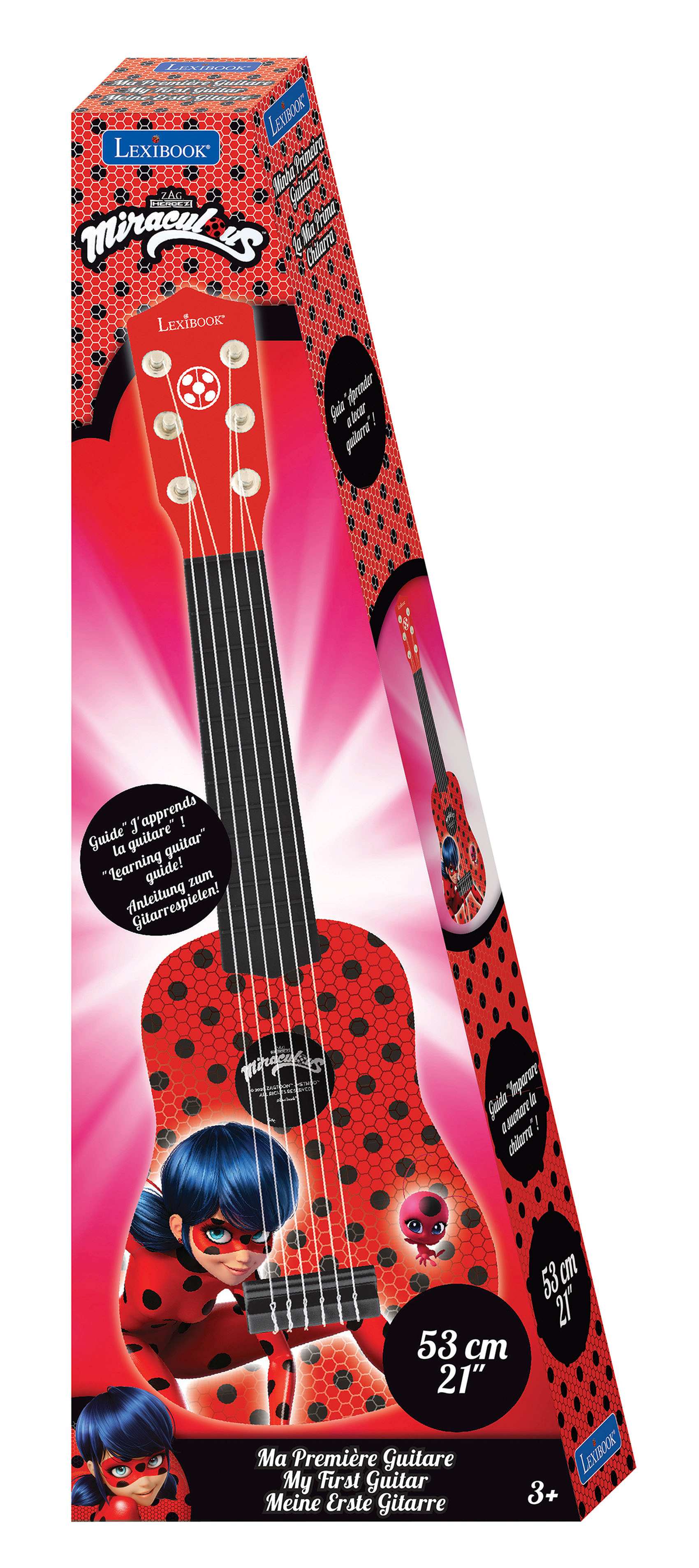 LEXIBOOK  
Miraculous  
Miraculous  
LEXIBOOK  
Guide "la guilare"  
"Learning guide!"  
"Guide de guitare"  
"Lehrerat de Gaila"  
53 cm  
21"  
Ma Première Guitare  
My First Guitar  
Meine Erste Gitarre  
3+