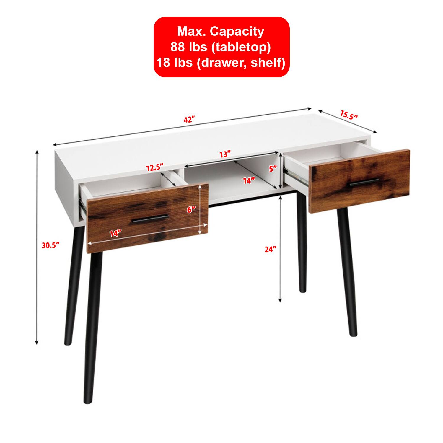 Max. Capacity 88 lbs (tabletop) 18 lbs (drawer, shelf)  
42" 15.5" 12.5" 13" 14" 5" 6" 30.5" 14" 24"