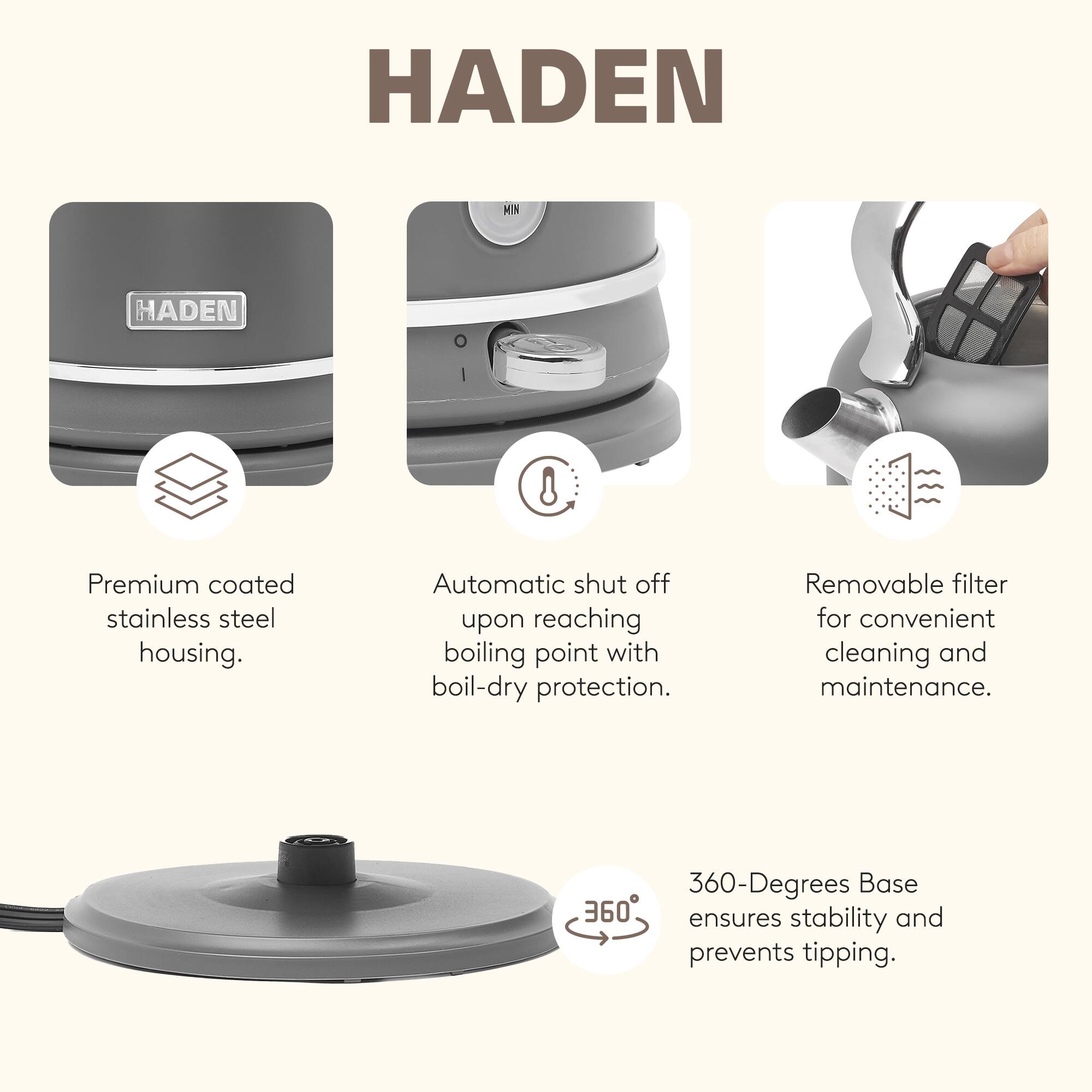 HADEN MIN

- Premium coated stainless steel housing.
- Automatic shut off upon reaching boiling point with boil-dry protection.
- Removable filter for convenient cleaning and maintenance.
- 360-Degrees Base ensures stability and prevents tipping.