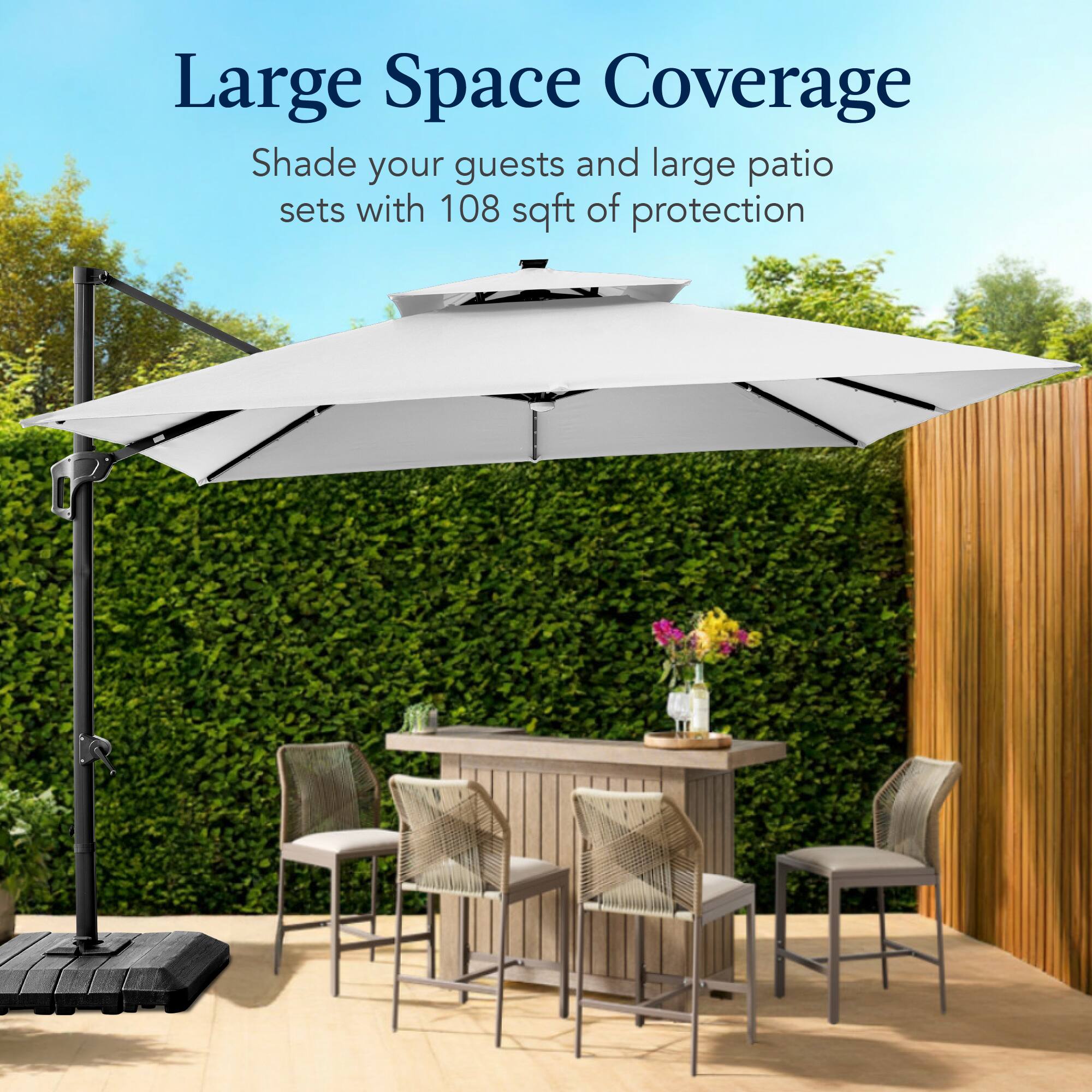 Large Space Coverage  
Shade your guests and large patio sets with 108 sqft of protection