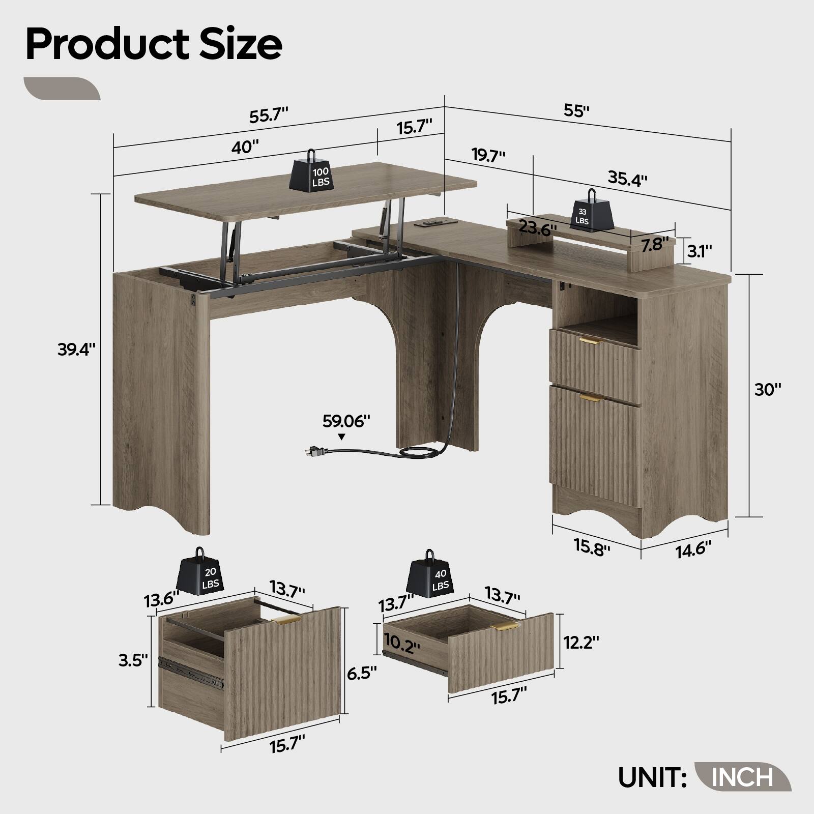 Product Size

- Top Surface: 55.7" x 40"
- Weight Capacity: 100 LBS
- Depth: 15.7"
- Side Cabinet: 55" x 19.7" x 35.4"
- Weight Capacity: 33 LBS
- Drawer: 23.6" x 7.8" x 3.1"
- Height: 39.4"
- Width: 59.06"
- Depth: 30"
- Bottom Shelf: 13.6" x 13.7" x 3.5"
- Weight Capacity: 20 LBS
- Drawer: 13.7" x 10.2" x 6.5"
- Drawer: 13.7" x 12.2" x 15.7"
- Weight Capacity: 40 LBS
- Drawer: 13.7" x 15.7" x 15.8"
- Drawer: 13.7" x 14.6" x 15.7"

UNIT: INCH