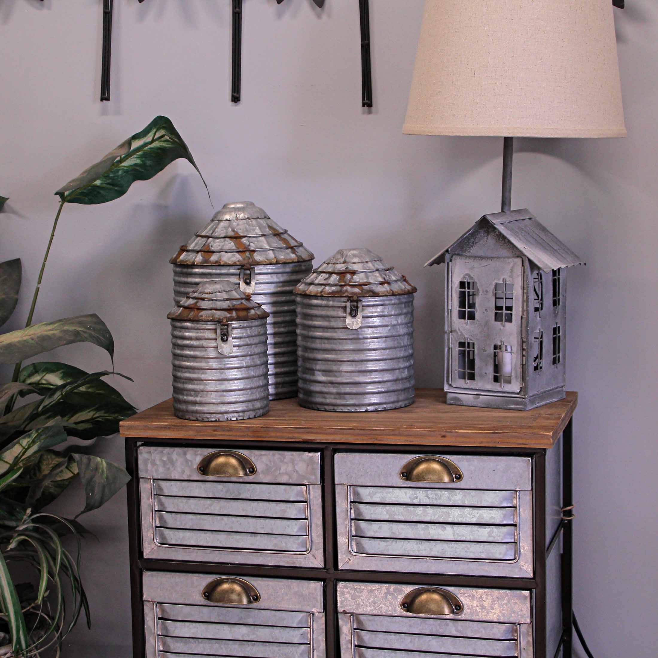 Alt View 3. Zeckos - Vintage Farmhouse Style Galvanized Zinc Finish Tin Silo Canister Set of 3 - Grey.