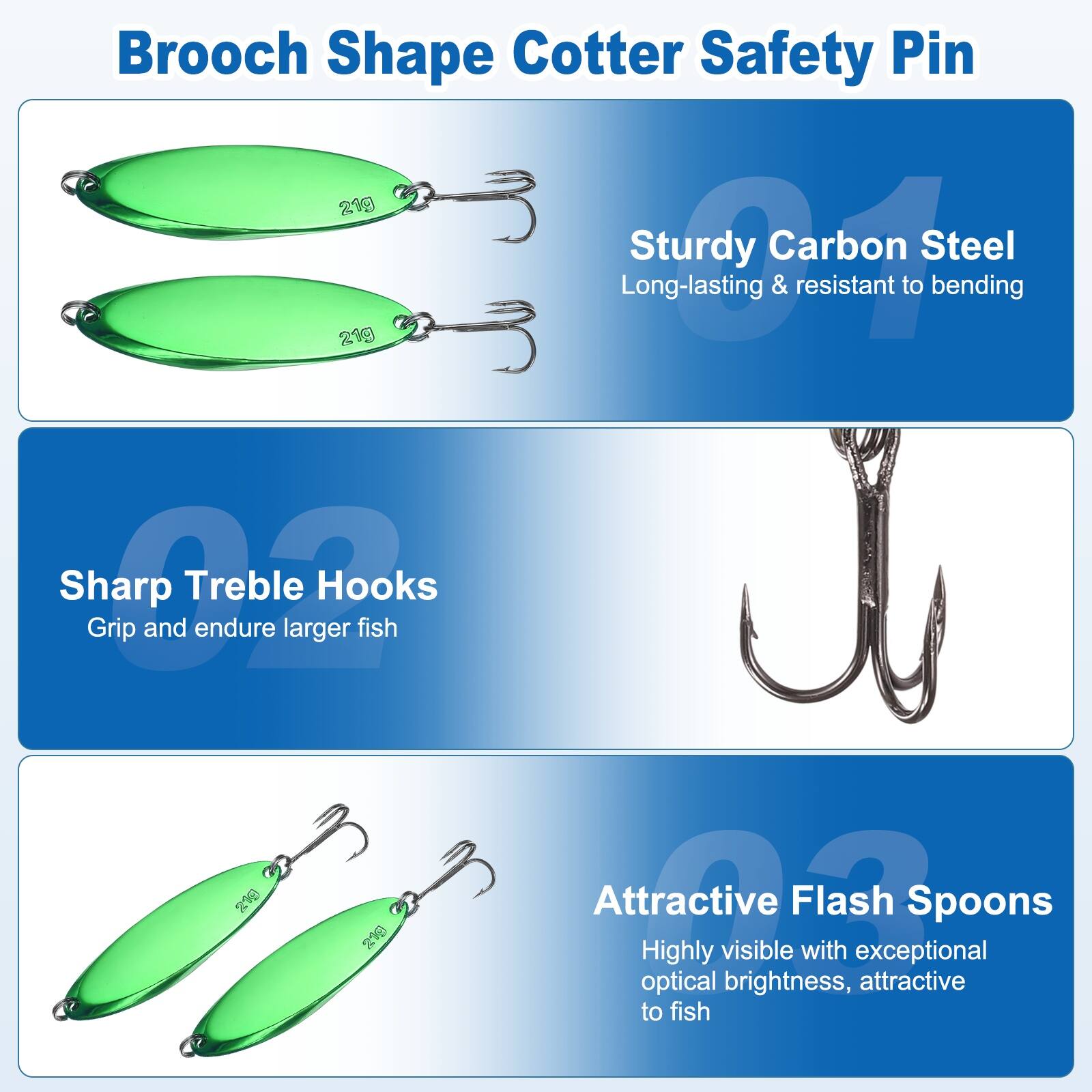 Brooch Shape Cotter Safety Pin 20g

Sturdy Carbon Steel
Long-lasting & resistant to bending

Sharp Treble Hooks
Grip and endure larger fish

Attractive Flash Spoons
Highly visible with exceptional optical brightness, attractive to fish