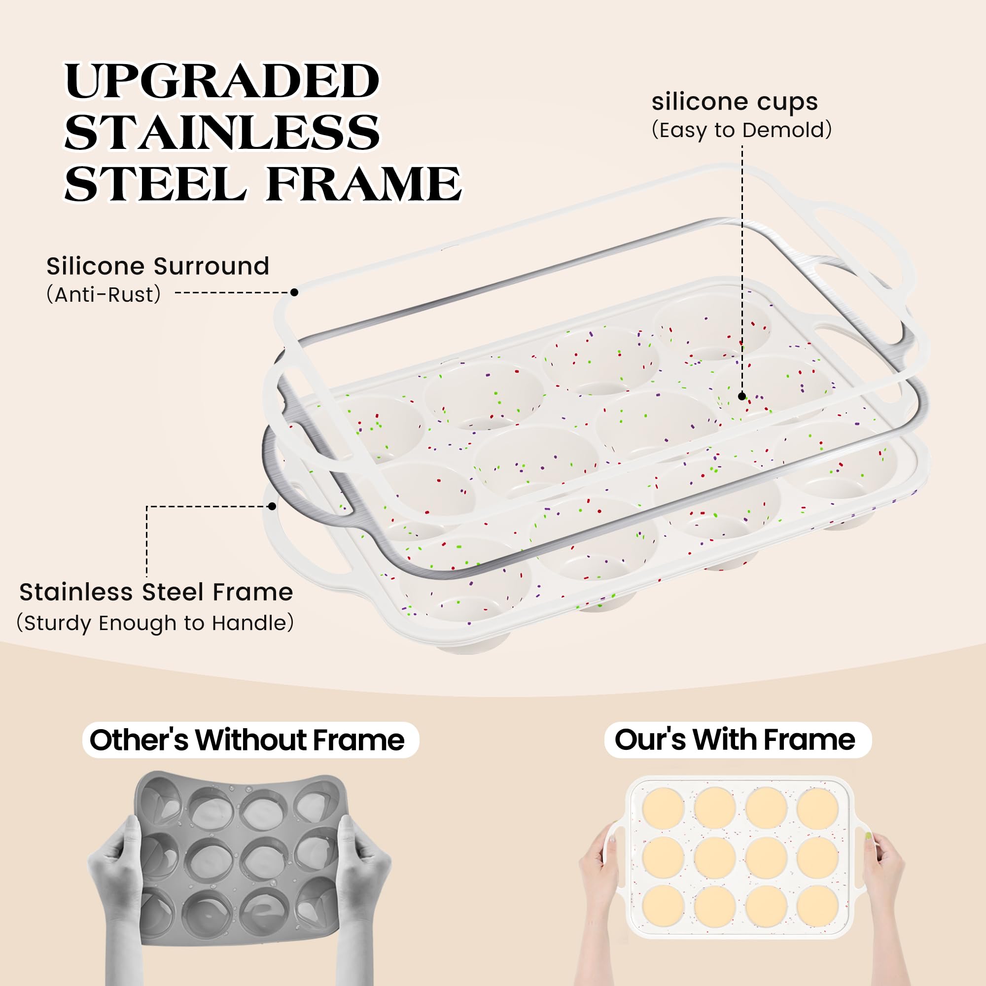 UPGRADED STAINLESS STEEL FRAME

- Silicone Surround (Anti-Rust)
- Stainless Steel Frame (Sturdy Enough to Handle)
- silicone cups (Easy to Demold)

Other's Without Frame

Our's With Frame