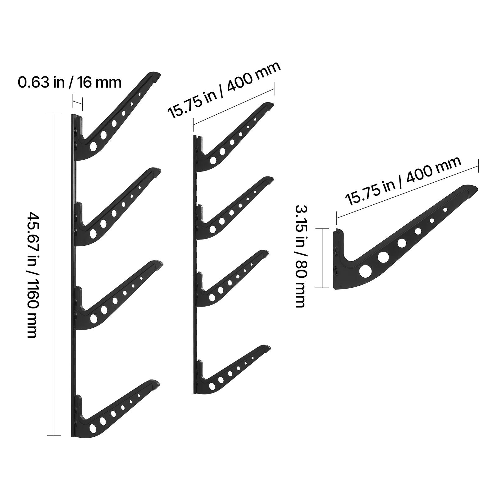 0.63 in / 16 mm  
15.75 in / 400 mm  
45.67 in / 1160 mm  
3.15 in / 80 mm