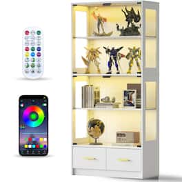 Skyzoo - 5-Tier Glass Display Cabinet with LED Lights, Adjustable Shelves, 2 Drawers, Curio Cabinet for Home or Office - White