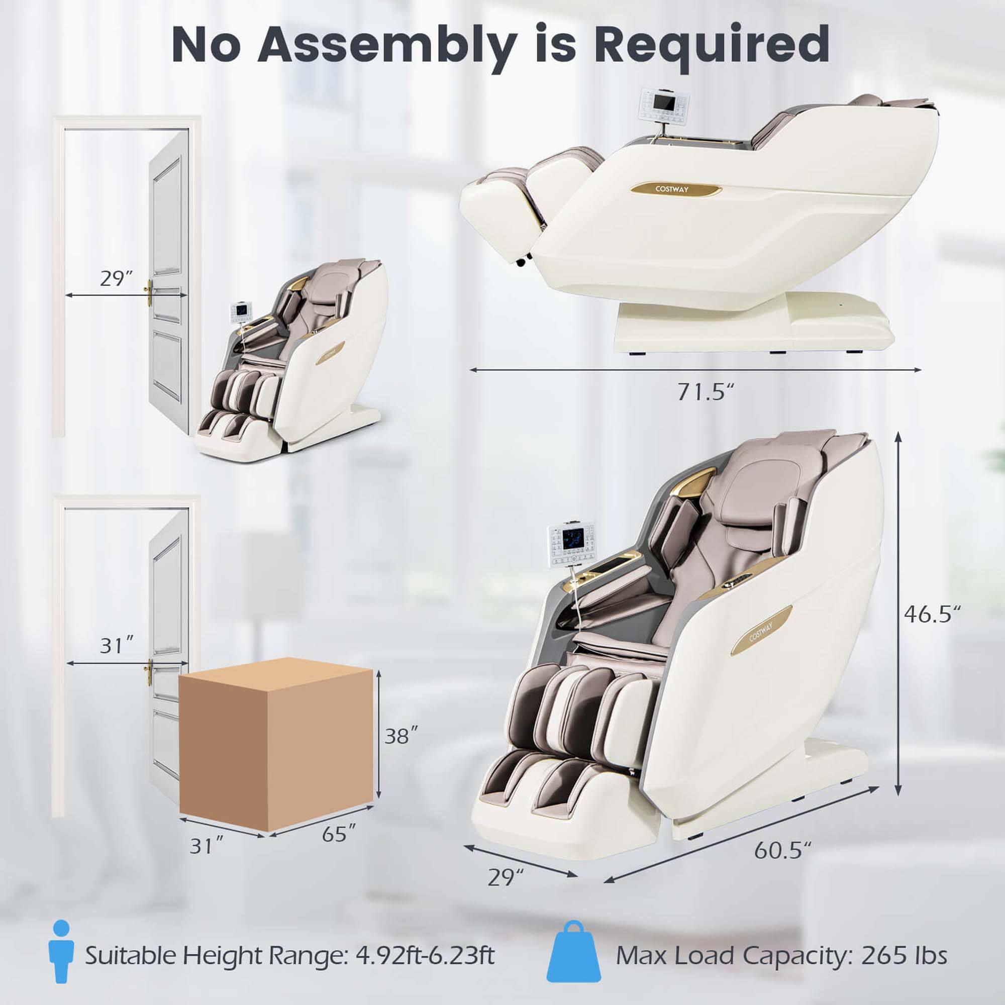 The image features a chair with a tag that says "No Assembly is Required." The chair has a 29" height and a 71.5" width. The chair is also suitable for a height range of 4.92ft-6.23ft and has a maximum load capacity of 265 lbs.