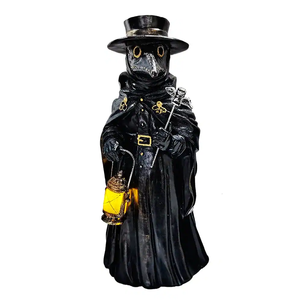 Front. OrnamentallyYou - Plague Doctor Creepy Home Figurine, 8" LED Haunted Halloween House Statue - Black.
