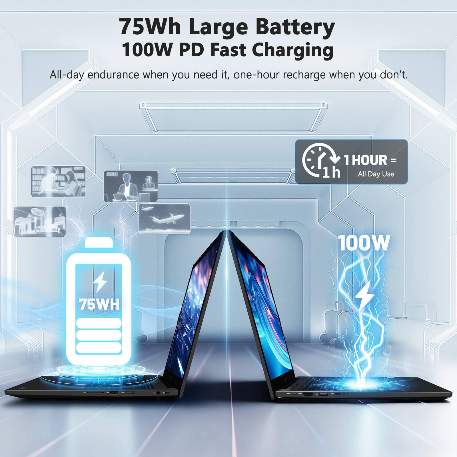 75Wh Large Battery  
100W PD Fast Charging  

All-day endurance when you need it, one-hour recharge when you don't.  

1 HOUR = 1h All Day Use  

75WH  
100W