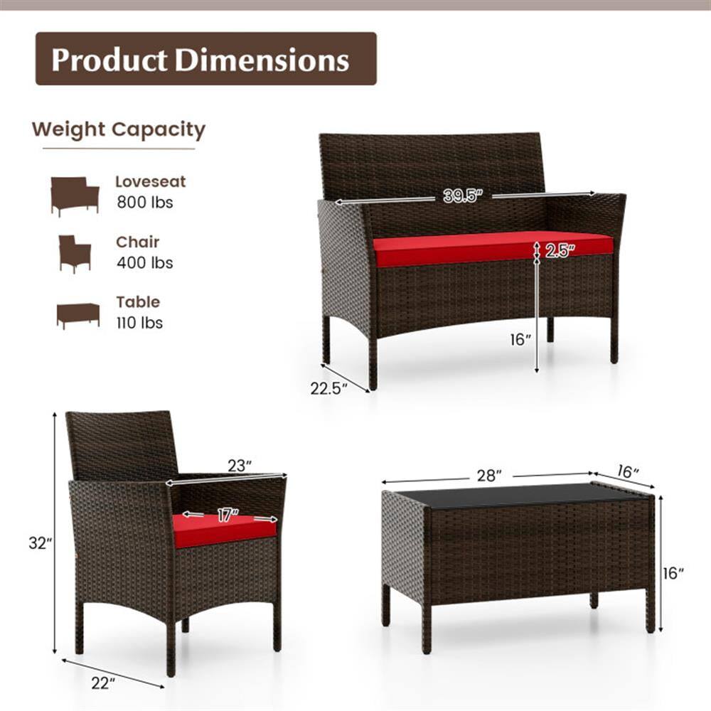 Product Dimensions  
Weight Capacity  
- Loveseat: 800 lbs  
- Chair: 400 lbs  
- Table: 110 lbs  

Dimensions:  
- Loveseat: 39.5" W x 22.5" D x 28" H  
- Chair: 23" W x 17" D x 32" H  
- Table: 28" W x 16" D x 16" H