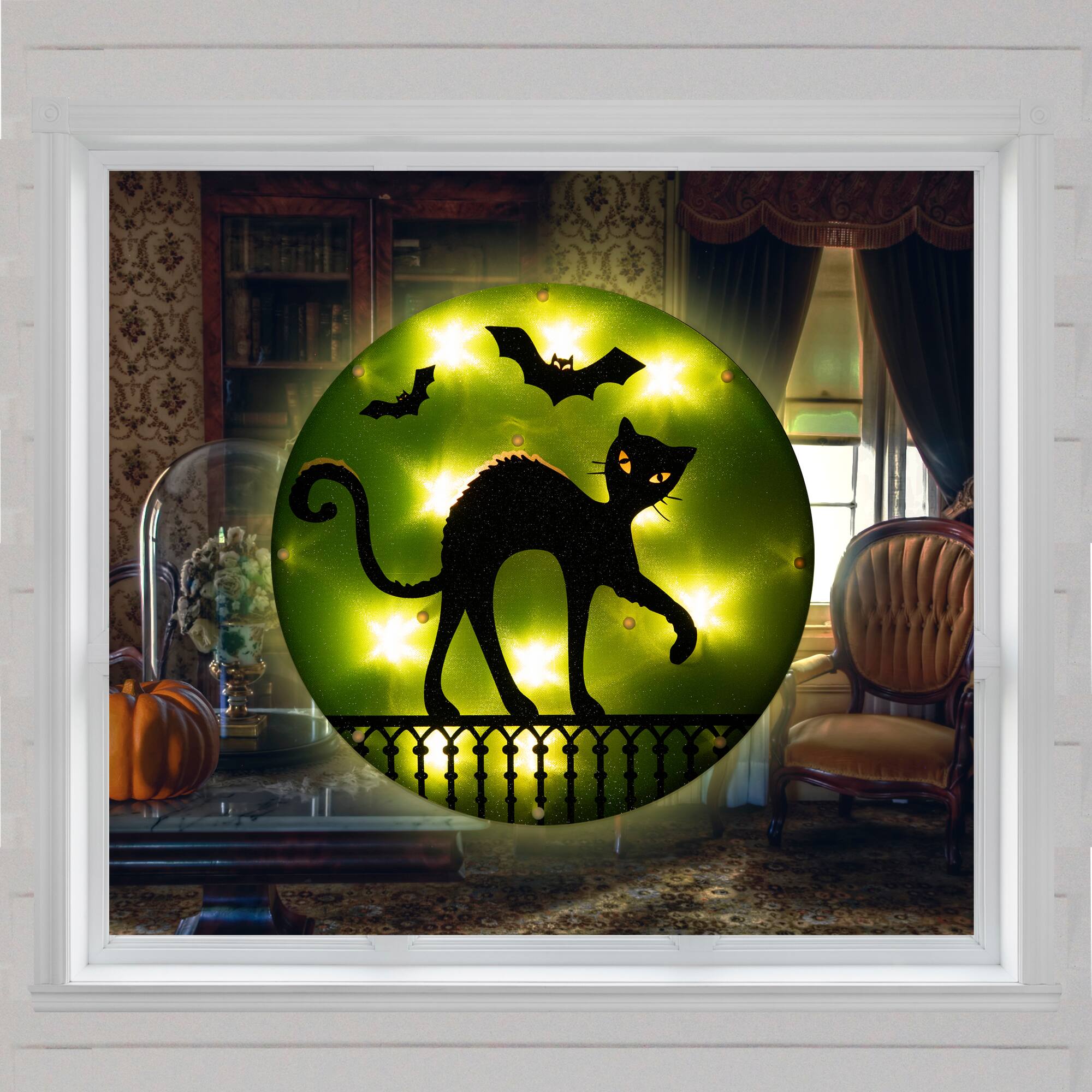 Alt View 2. Northlight - Lighted Black Cat with Bats Halloween Window Decoration - 13.75" - Green.